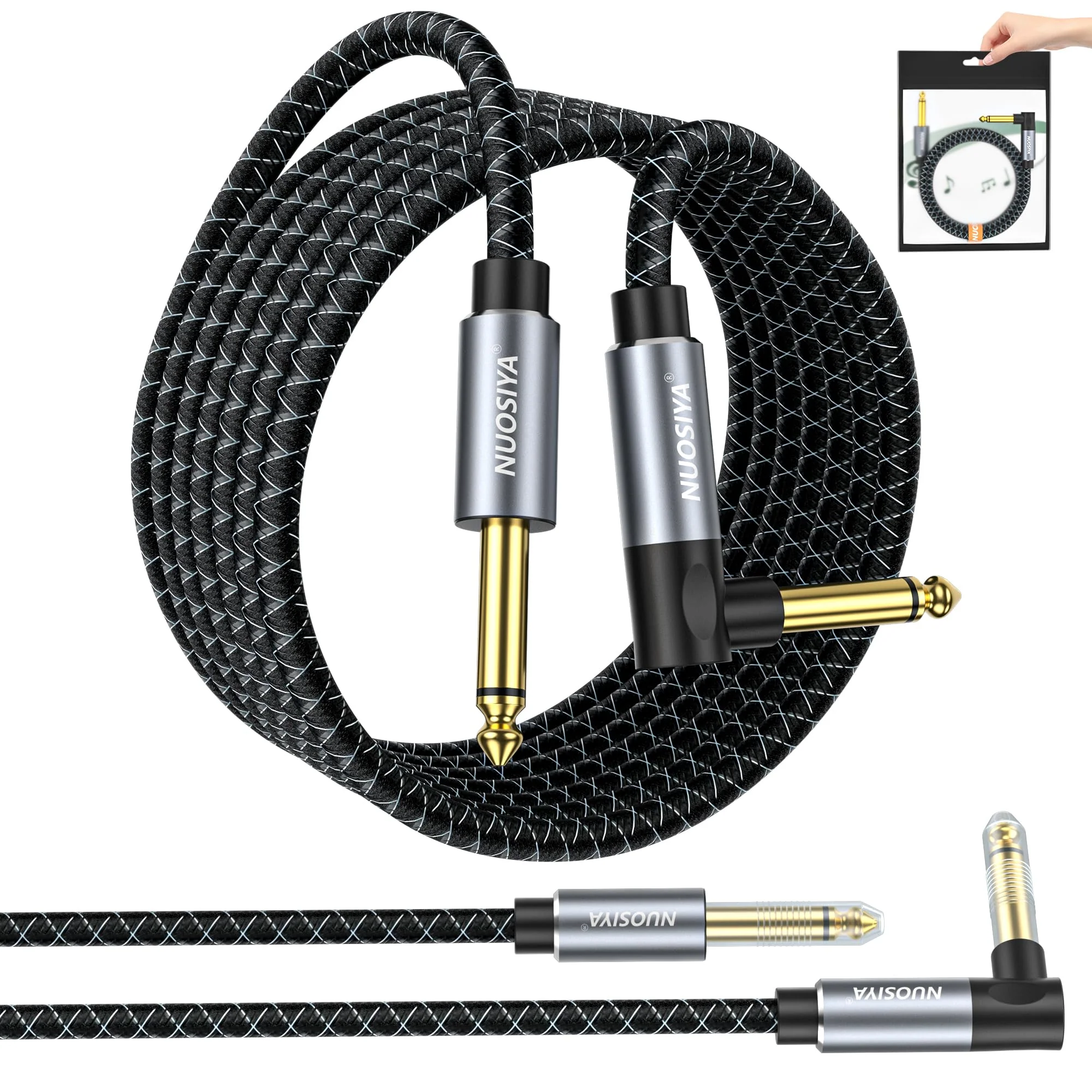 1/4 Inch TS to TS Guitar Cable 20FT Electric Instrument Bass AMP Cord Braided Guitar Cables for Electric Guitar, Bass AMP, Keyboard, Mixer, Equalizer (Straight to Right Angle) Braided Black