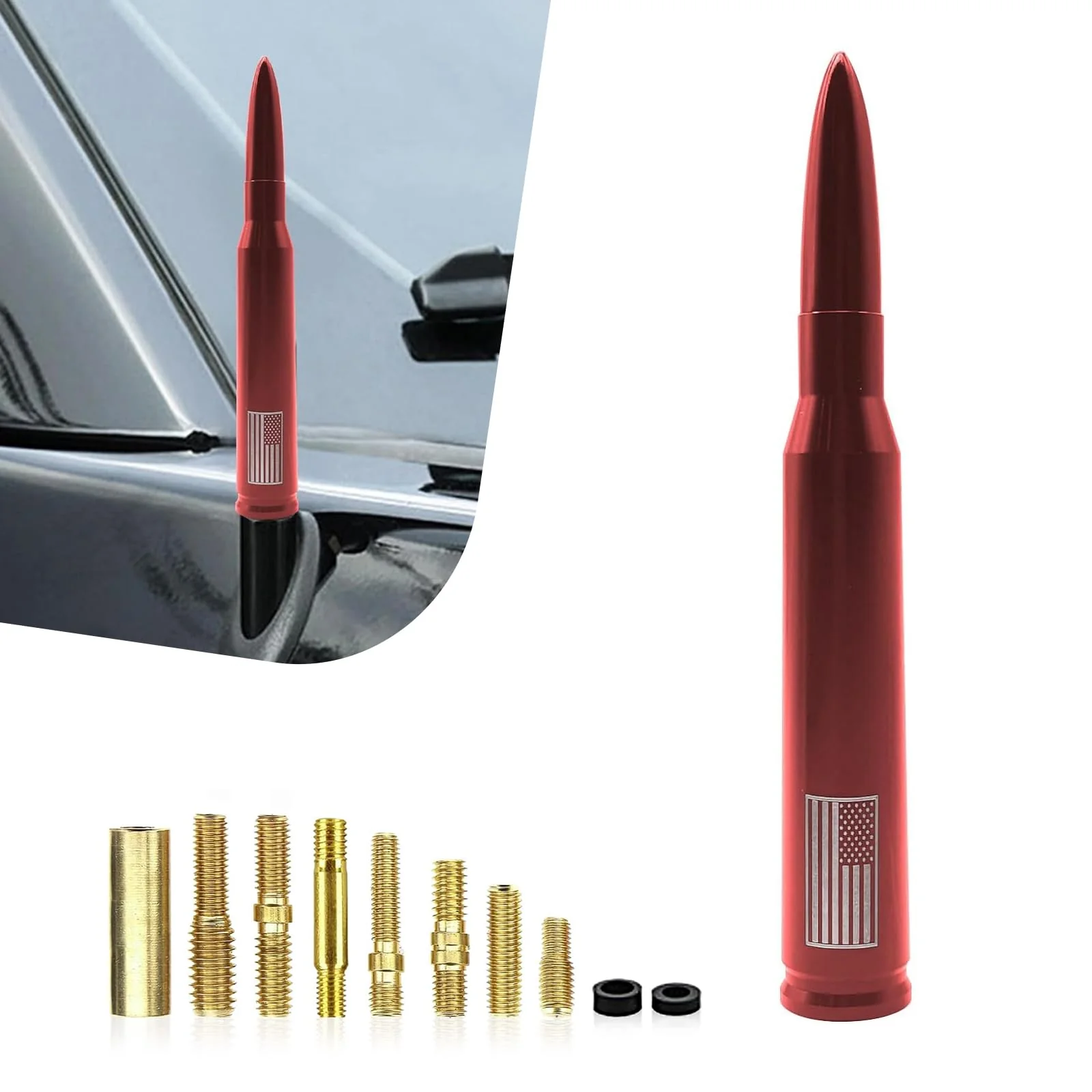 1 PC Car Bullet Antenna, Retractable Antenna Replacement, Enhanced Signal Receiver, Antenna with Screw Spacer, Compatible with Ford F150 Wrangler Jeep Chevrolet (Red) Medium Red