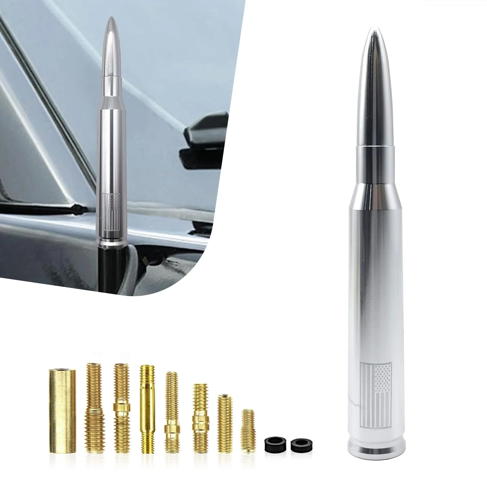 1 PC Car Bullet Antenna, Retractable Antenna Replacement, Enhanced Signal Receiver, Antenna with Screw Spacer, Compatible with Ford F150 Wrangler Jeep Chevrolet (Silver) Medium Silver