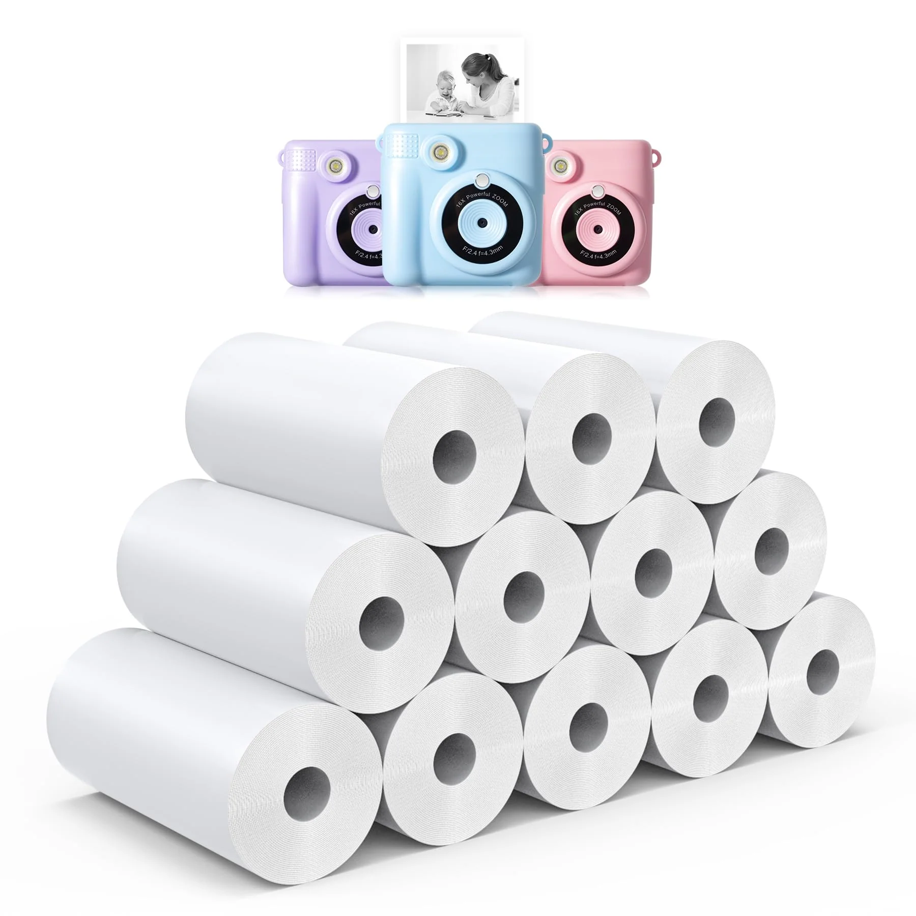 12 Rolls Instant Print Camera for Kids Refill Print Paper - Hikkon Thermal Print Paper Rolls Photo Print HD Printing for Most Kids Instant Camera (White) White