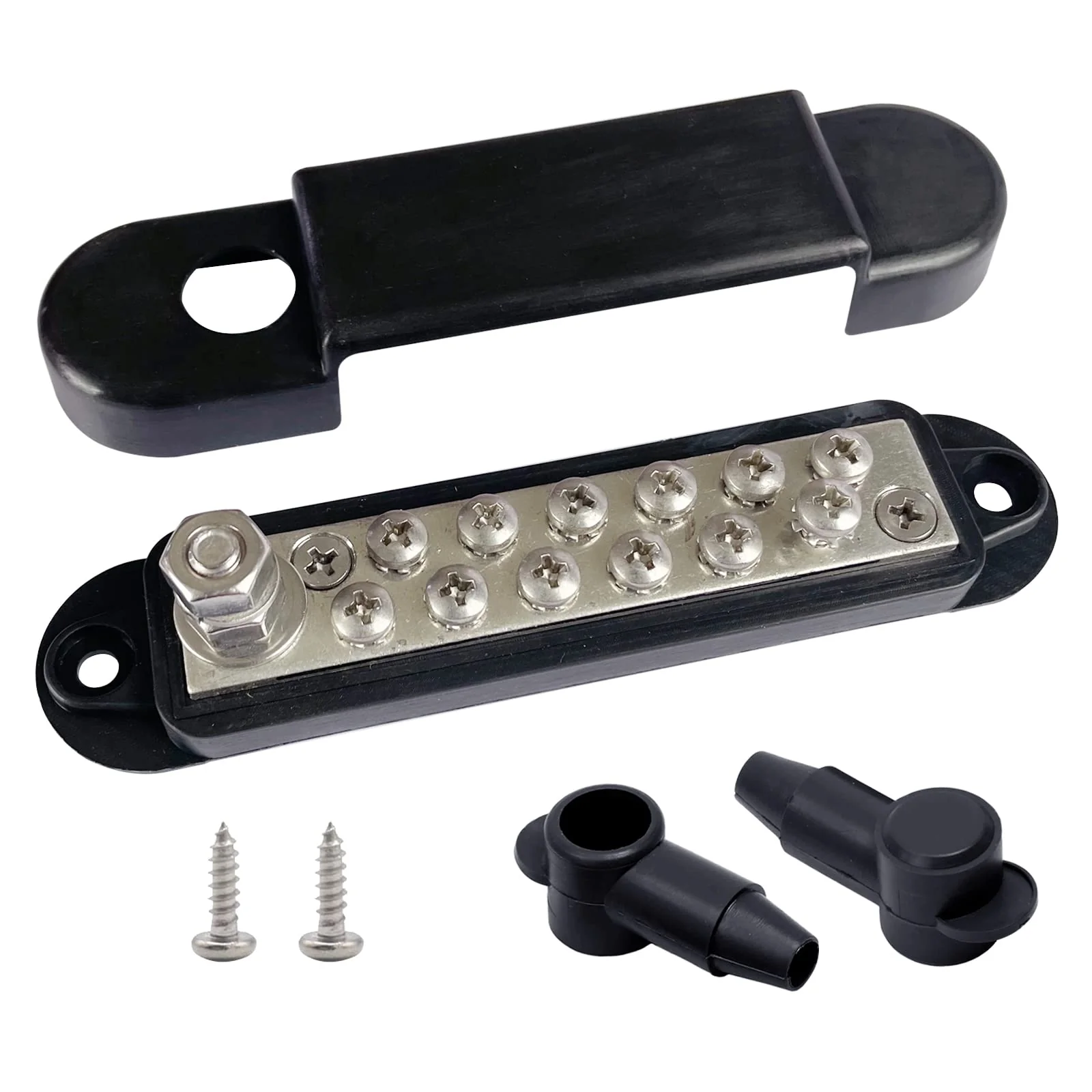 12 Terminals Bus Bar, Ampper 5.3" Nickle Plated Brass Ground Distribution Block Battery BusBar Junction for Car Vehicle Rv Truck Marine Boat Audio Amplifier and More (Black) Black