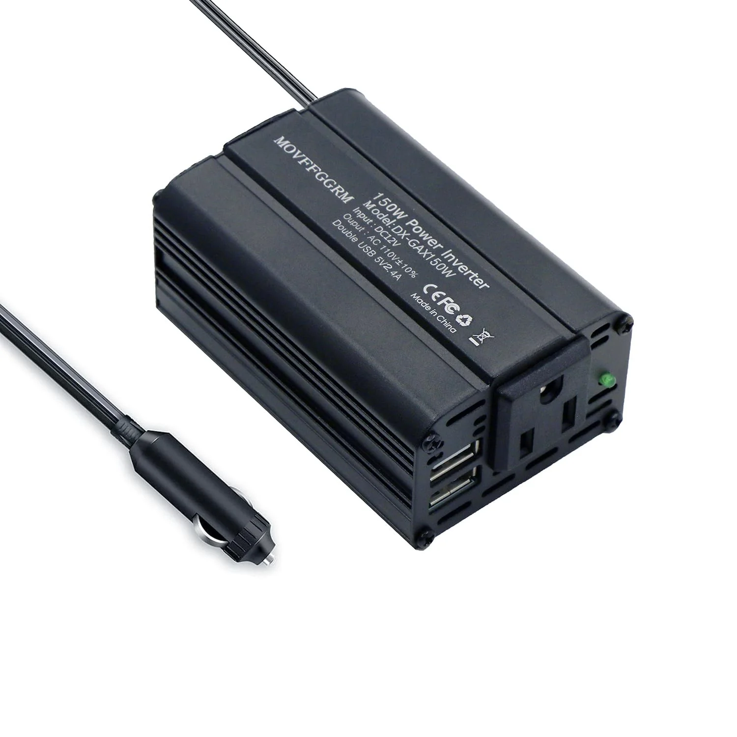 150W Power Inverter 12V DC to 110V AC Car Plug Adapter Outlet Converter with 2.4A Dual USB AC car Charger for Laptop Computer Black