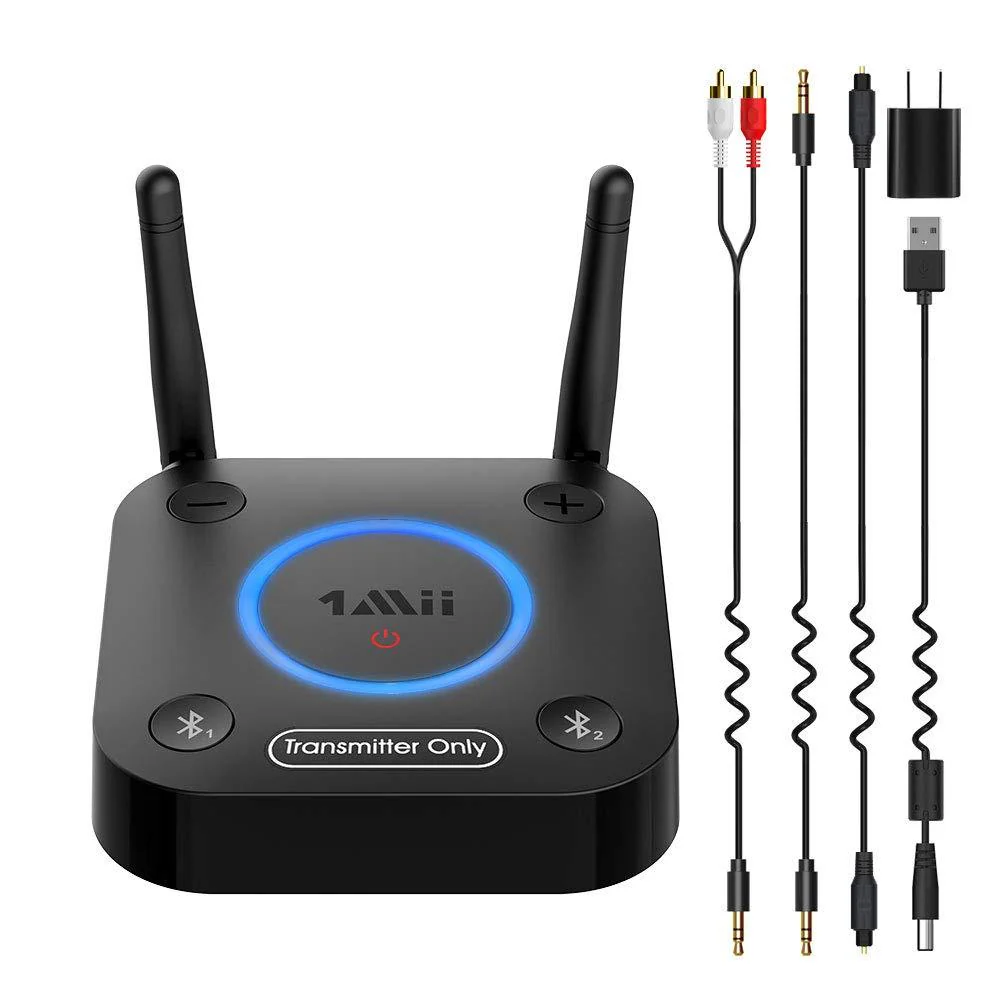 1Mii B06TX Bluetooth 5.0 Transmitter for TV to Wireless Headphone/Speaker, Bluetooth Adapter for TV w/Volume Control, AUX/RCA/Optical/Coaxial Audio Input, Plug n Play, AptX Low Latency Black
