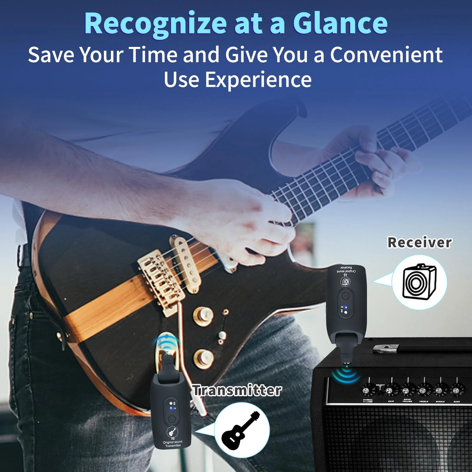 2.4GHz Wireless Guitar System Rechargeable Audio Wireless Transmitter Receiver for Guitar Bass Electric Instruments,Over 30m/100 Feet Transmission,270°Rotatable,4hours Woring Time(A9 Black) - Image 6