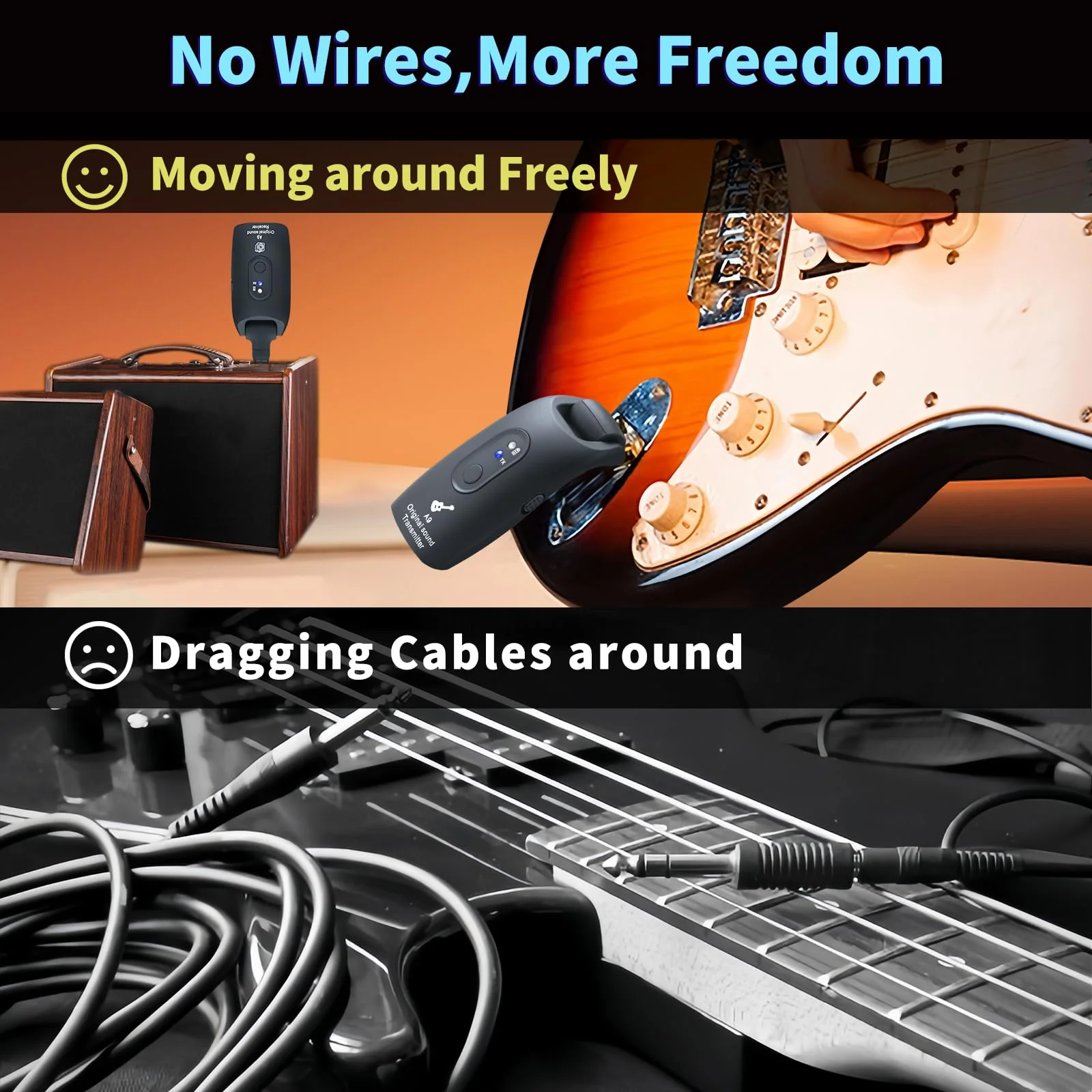 2.4GHz Wireless Guitar System Rechargeable Audio Wireless Transmitter Receiver for Guitar Bass Electric Instruments,Over 30m/100 Feet Transmission,270°Rotatable,4hours Woring Time(A9 Black) - Image 9