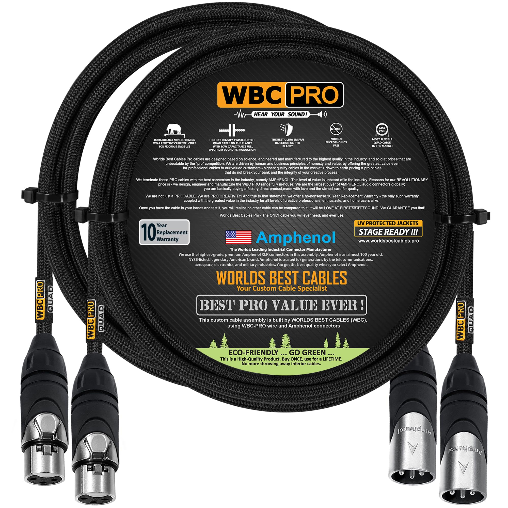 2 Units - 4 Foot - WBC-PRO-Quad Ultra-Silent Ultra-Flexible Balanced Star-Quad Cable with Amphenol Male & Female XLR Plugs & Black Tweed Jacket