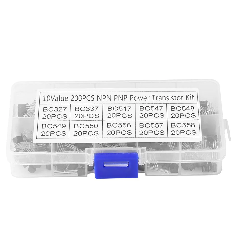 200 Pieces TO-92 Silicon NPN PNP Power Transistor Assortment Kit Set with Plastic Storage Box 10 Values (BC327 BC337 BC517 BC547 BC548 BC549 BC550 BC556 BC557 BC558)