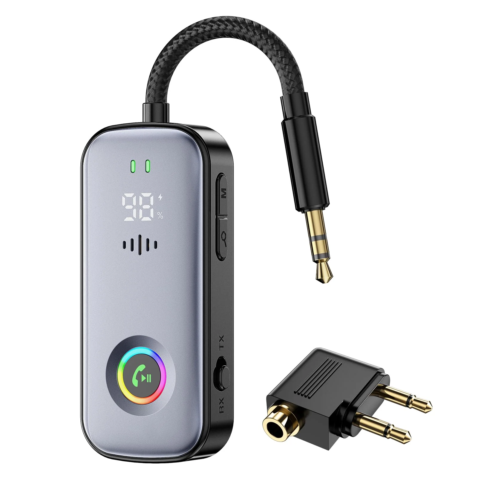 2026 Model 2-in-1 Bluetooth Transmitter Receiver, Low Latency Dual Link Audio Adapter with Battery Display/Built-in Mic, Compatible with TV/PC/Home Stereo/Car/Airplane