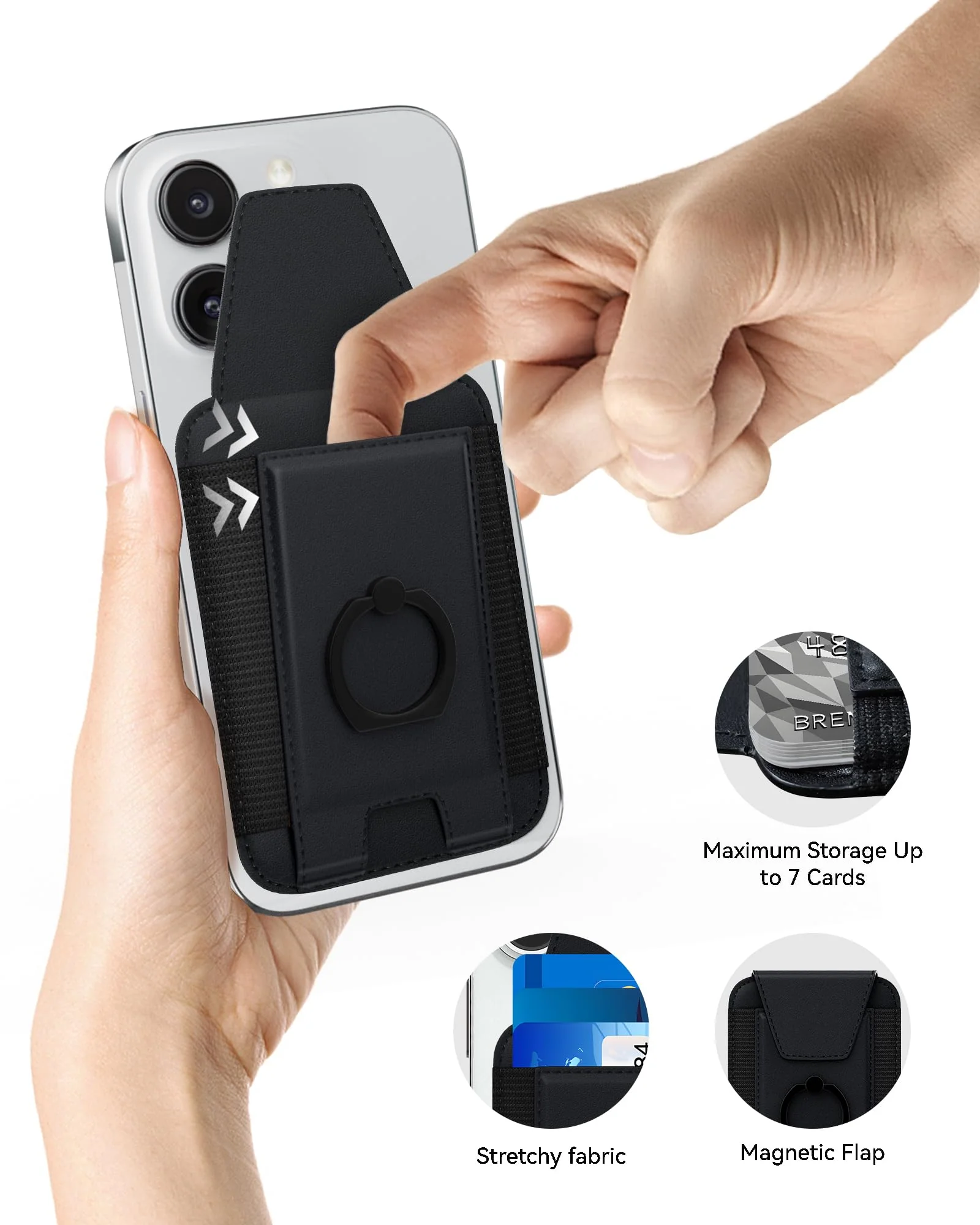 3-in-1 Magnetic Wallet with Phone Ring Stand, Compatible with Mag-Safe Wallet, Magnetic Privacy Flap, Phone Wallet with Phone Ring for iPhone 15/14/13/12 Series, 7 Cards Holder (Black) Black - Image 4
