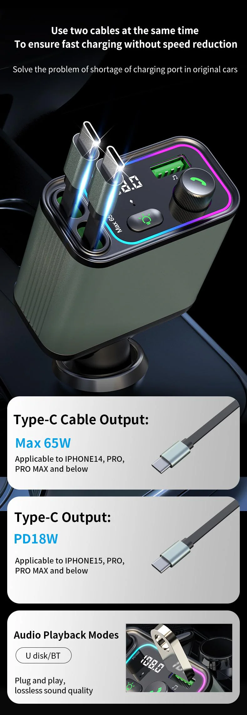 3 in 1 Retractable Car Charger Adapter & FM Transmitter Bluetooth Mp3 Player- Max 65W + 18W with 2 PD Fast Charging,2 Retractable Cables & USB-A Music Playback for iPhone,iPad,Samsung,Pixel - Image 2