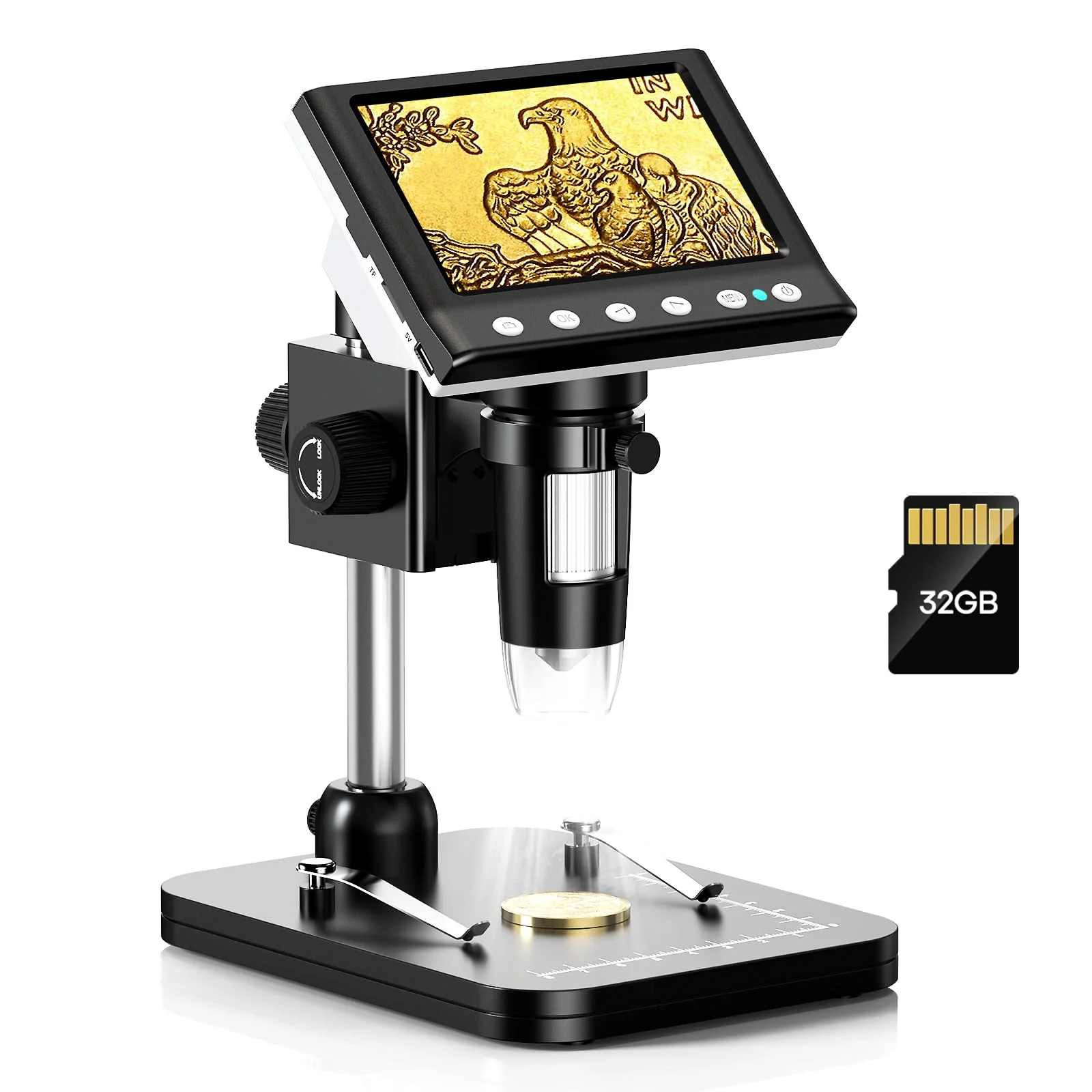 4.3'' IPS Coin Microscope, 1000X Magnification Digital Microscope for Adults,Coin Collection Supplies with 8 Adjustable LEDs,Windows Compatible,32GB TF Card