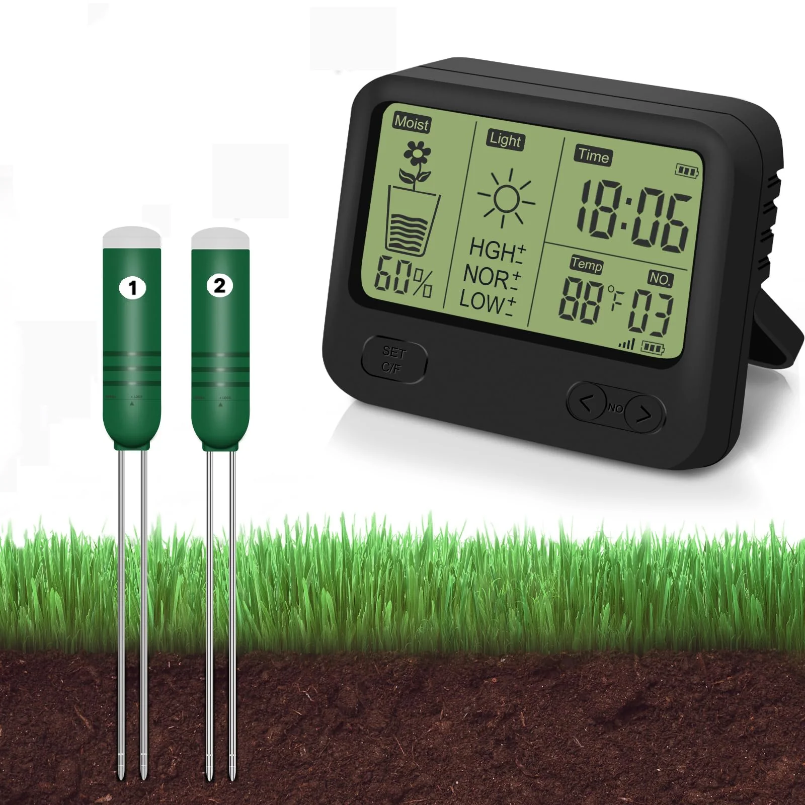 4-in-1 Wireless Soil Moisture Meter/Thermometer/Sunlight/Time,PH Paper, Waterproof Plant Moisture Sensor Meter with Digital LCD Display for Garden, Lawn and Indoor Plants 4-in-1 Display+2 Sensor