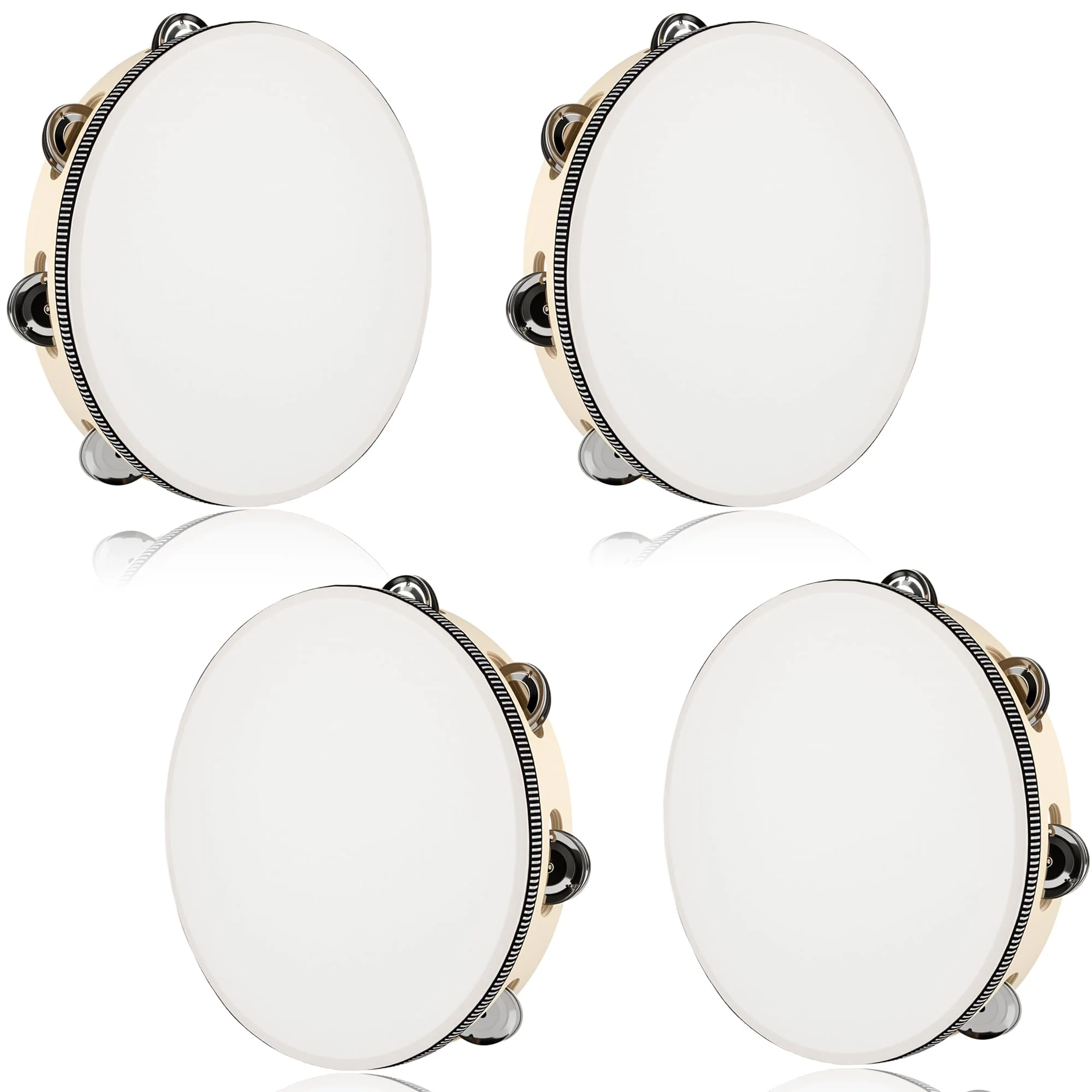 4 Pcs 10 Inch Adult Wedding Tambourines Drum Wooden Natural Handheld Drums Metal Jingles Drums Musical Instruments Percussion for Church Wedding Party Favor