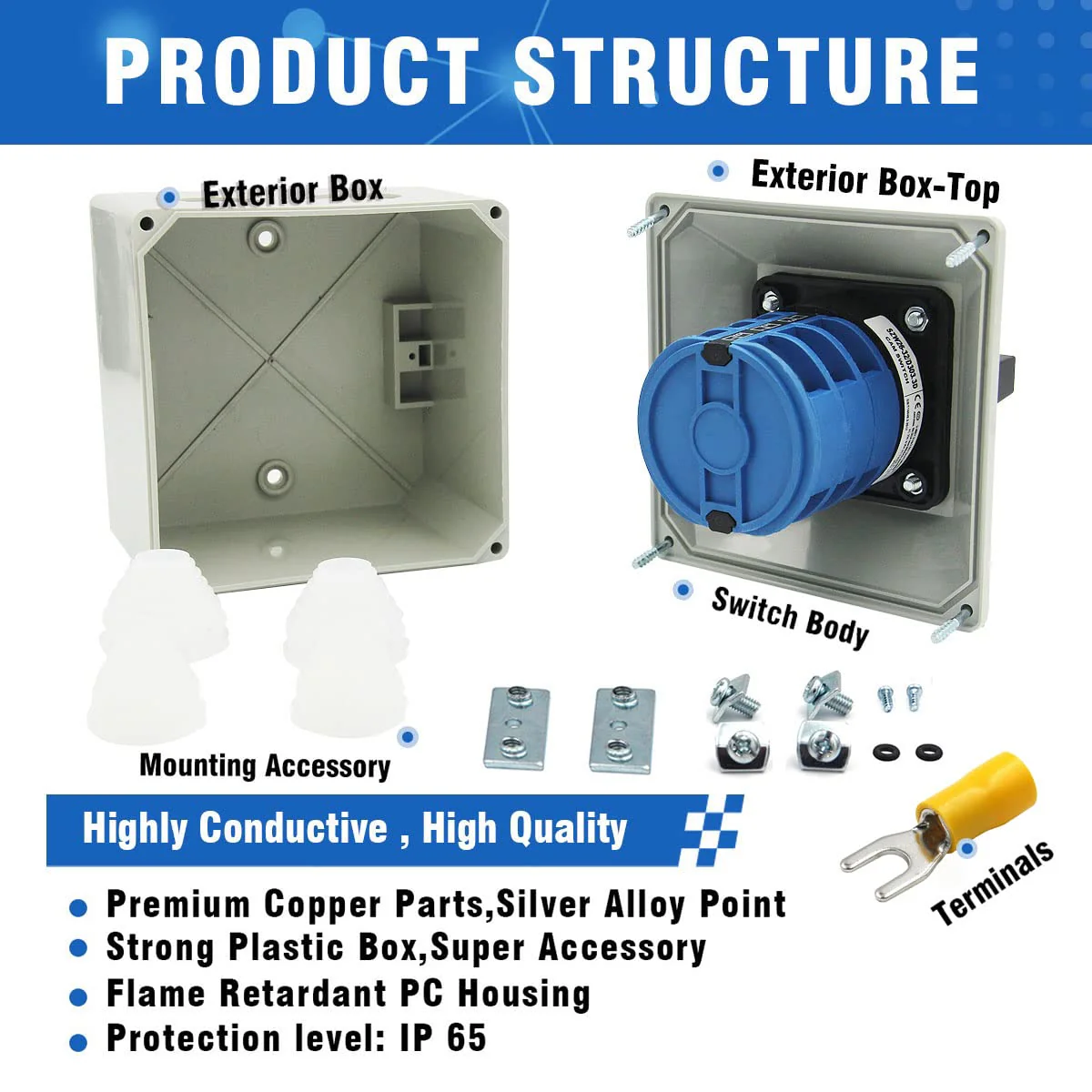40A Rotary Changeover Switch With Exterior Box, 3 Position 3 Phase 12 Terminals, Universal Selector With AWG 12-10 Yellow Terminals, Cam Box IP65 40/D303.3D - Image 6