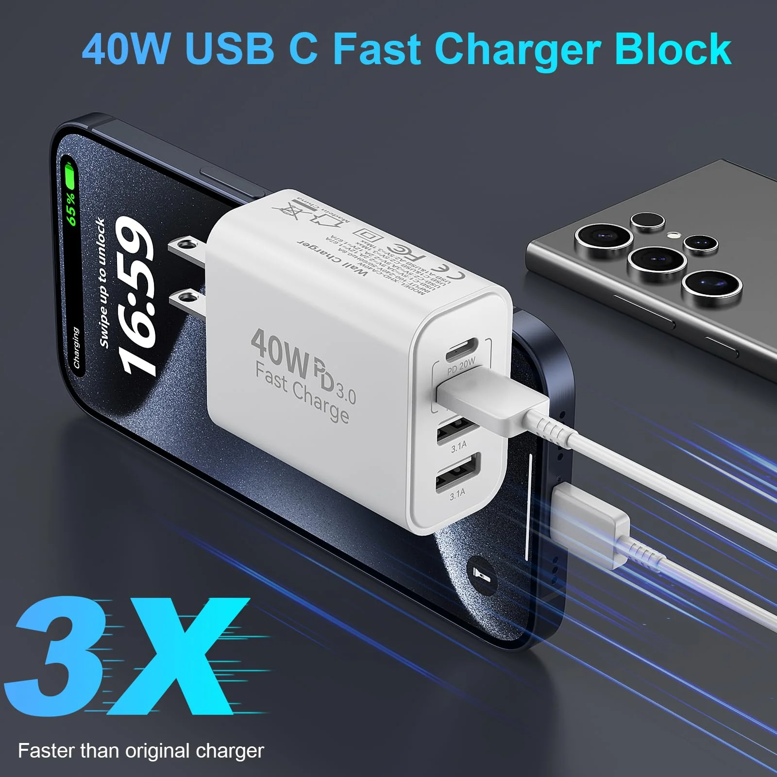 40W USB C Wall Charger Block,4 Port Type C Charger Fast Charging Brick Dual Pd & QC Fast Charger Cube Wall Plug Power Adapter for iPhone 15/14/13/12/11/Pro Max/XS/XR,iPad,Samsung,Pixel,2Pack White - Image 2