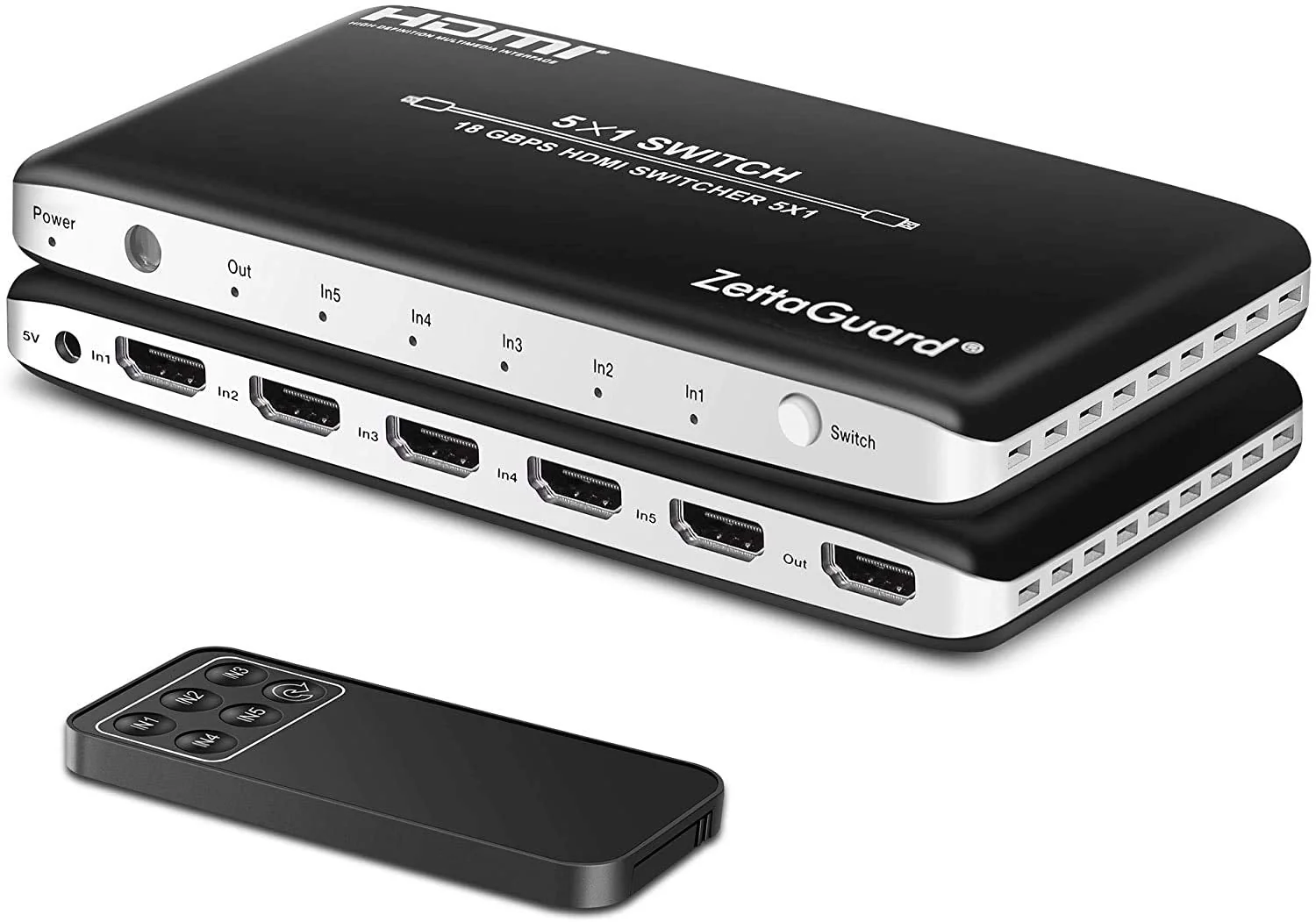4K 60Hz 5 Port 5 x 1 HDMI Switch with IR Remote Control HDMI 2.0 Switcher Support 18Gbps 4K x 2K 3D HDCP 2.2 HDMI Splitter Hub Port Switches for PS4 Xbox Apple TV Fire Stick Blu-Ray Player 5 In 1 Out