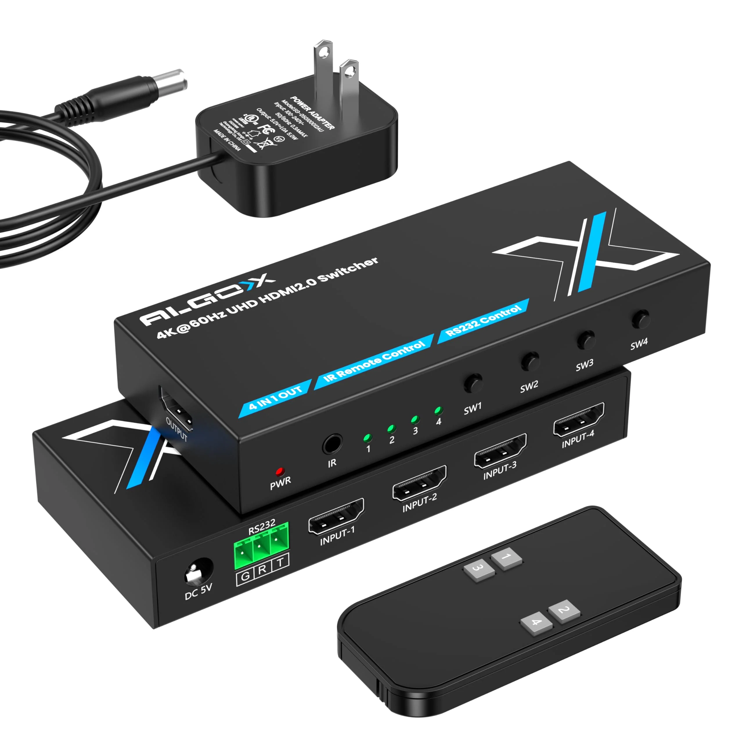 4K@60Hz HDMI Switch 4 in 1 Out 1080P@120Hz HDMI Switcher 4 Ports Selector with Remote Support 18Gbps HDR 10+ Dolby Vision/Atmos HDCP 2.2, RS232 Control 4K@60Hz Switcher 4X1