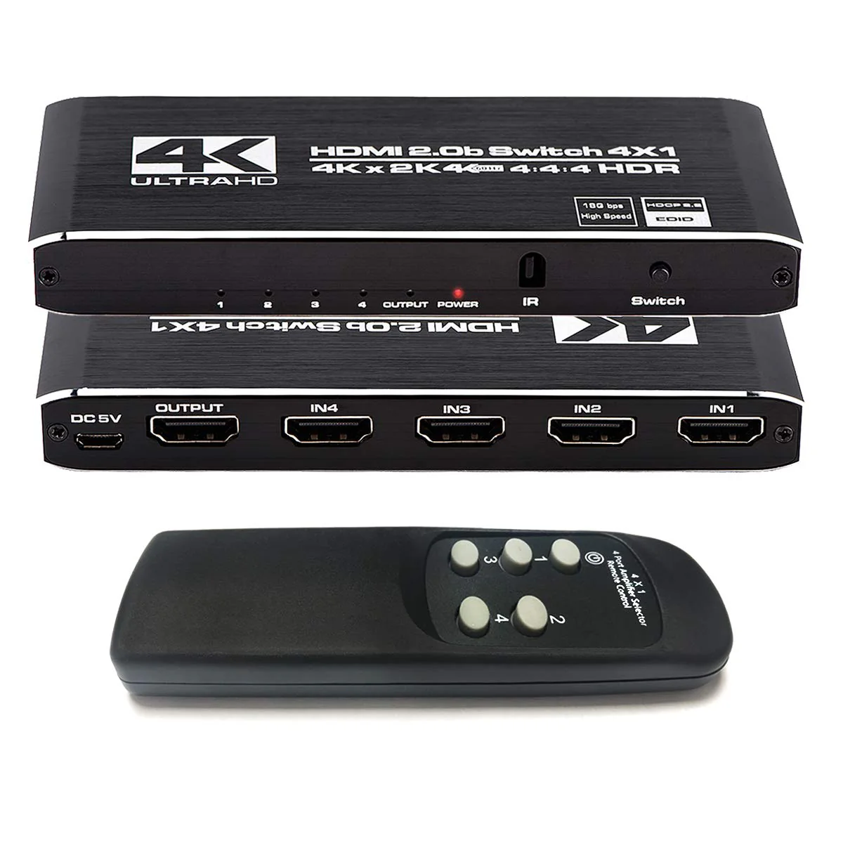 4K HDMI Switch 4x1, 4 Port HDMI Selector Switcher 4 in 1 Out with IR Remote Control Support 4K@60Hz, 4Kx2K, HDR, HDMI 2.0b, HDCP 2.2, 3D, 1080P Deep Black