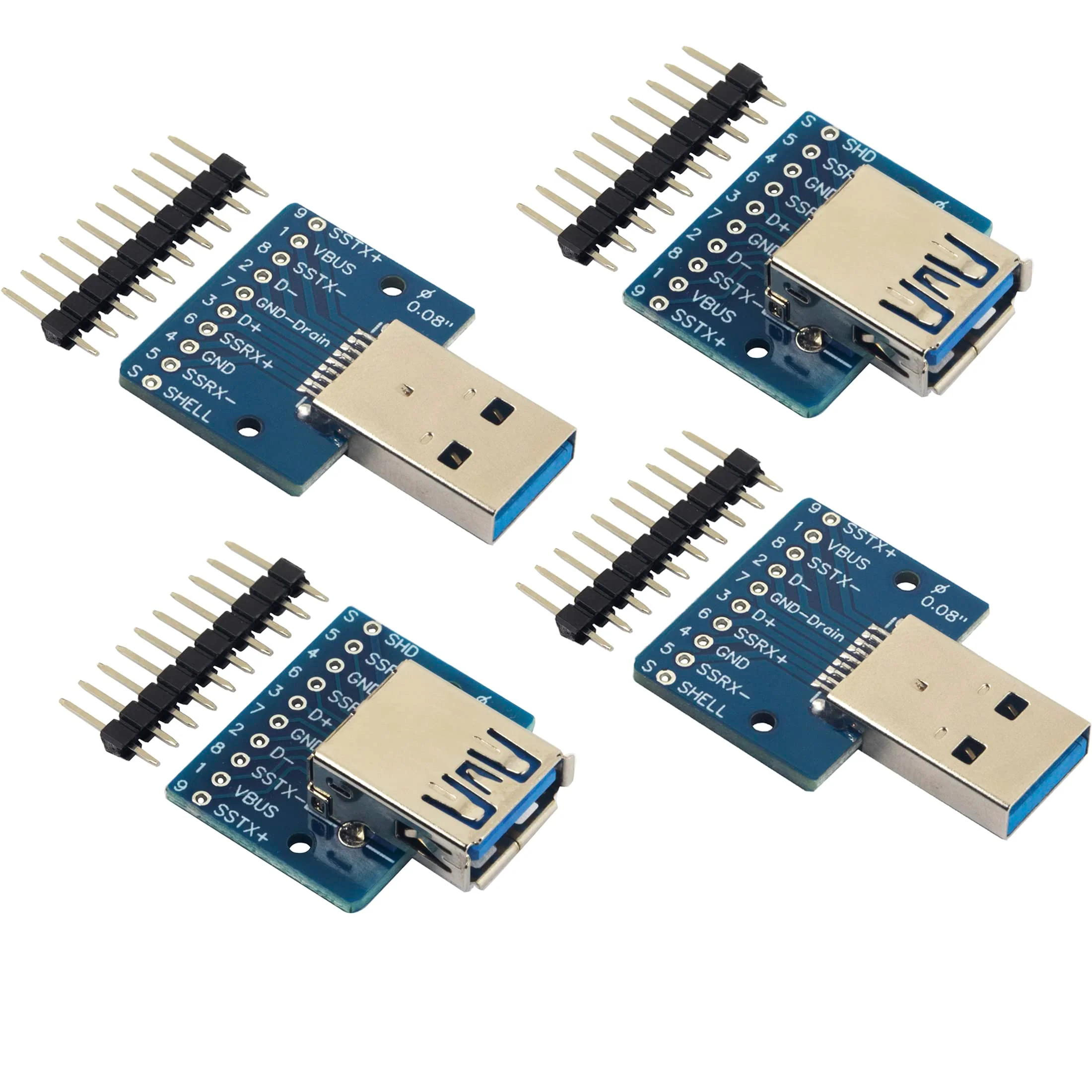 4pcs USB 3.0 Type A Male and Female Breakout Board, 10Pin, 2.54mm / 0.1" Pitch, Quickly and Easily Install