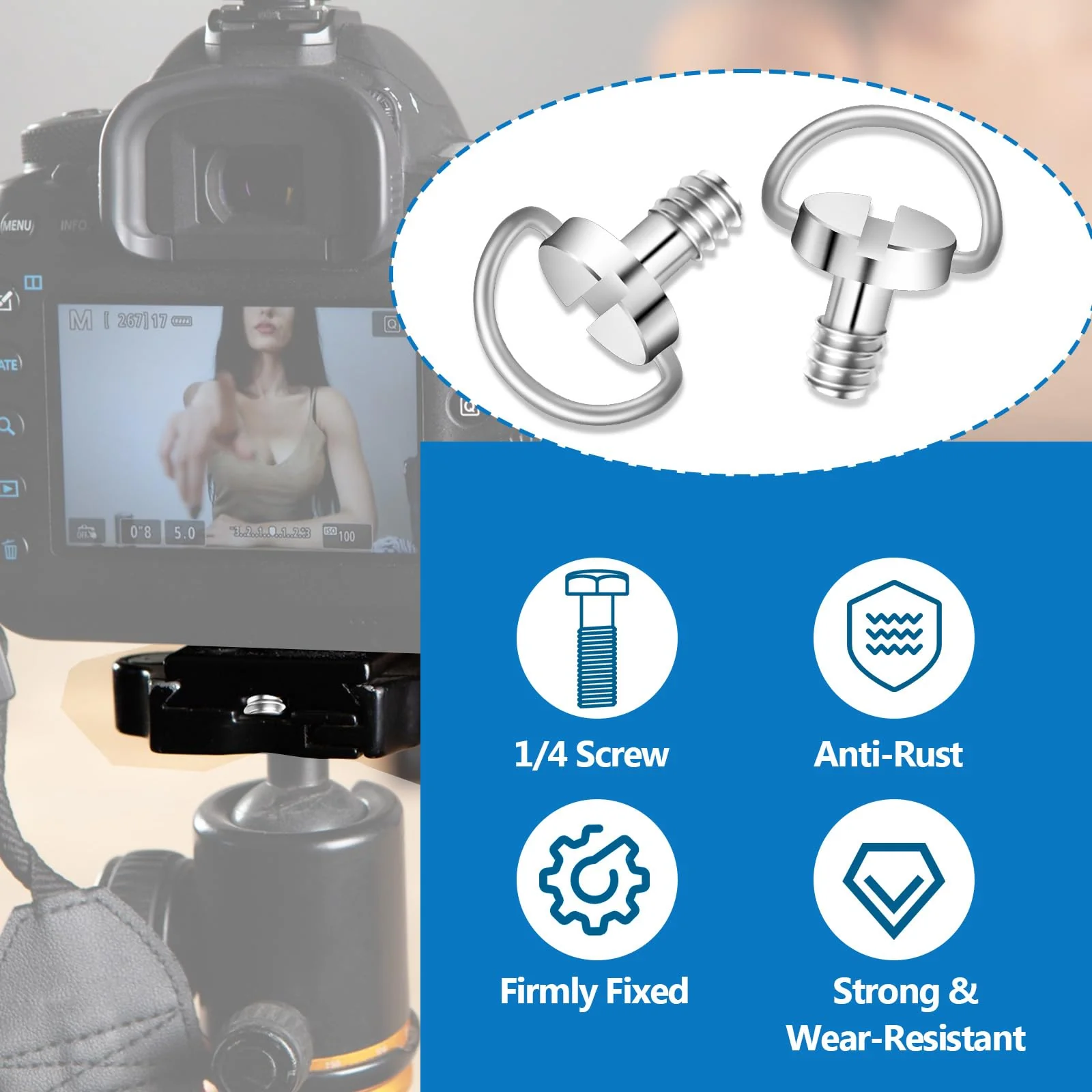 5 Pcs 1/4" Camera Tripod Screw, Stainless Steel Thread D-Ring Camera Screws, Quick Release Camera Screw for Camera Tripod Monopod QR Plate - Image 2