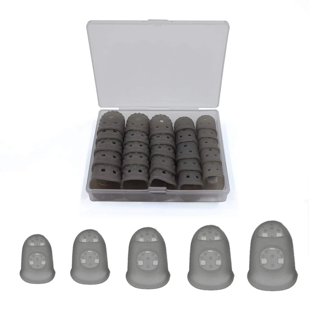 5 Sizes Guitar Fingertip Protector With Compact Box, Premium Silicone Guitar Finger Guards, Non-Slip Breathable Fingertip Protection Covers Caps for Guitar, Sewing, String Instruments (Grey) Grey