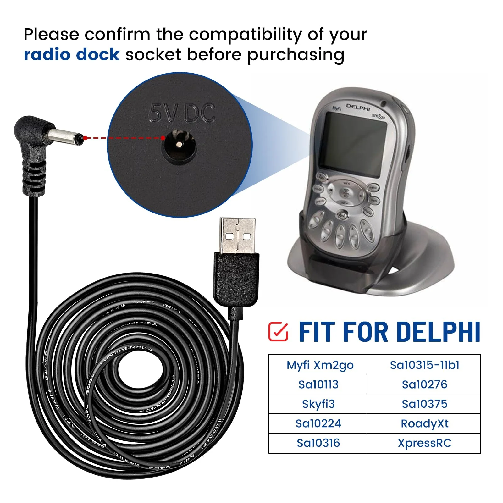 5V USB Power Cord Cable, 5ft Car Charger Connector for Sirius XM Radio Dock for Delphi Myfi Xpress Audiovox XMCK Pioneer Inno Gex XMP3i Airware Samsung Nexus Helix Stratus Sportster Starmate - Image 2