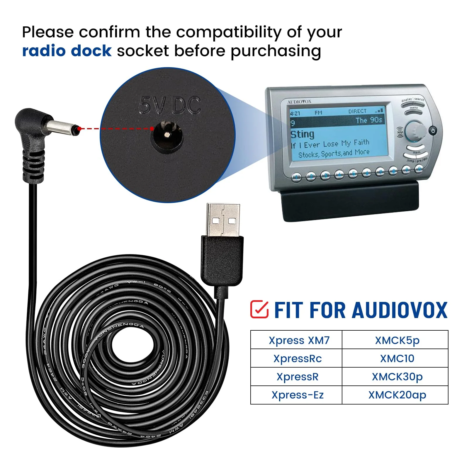 5V USB Power Cord Cable, 5ft Car Charger Connector for Sirius XM Radio Dock for Delphi Myfi Xpress Audiovox XMCK Pioneer Inno Gex XMP3i Airware Samsung Nexus Helix Stratus Sportster Starmate - Image 3