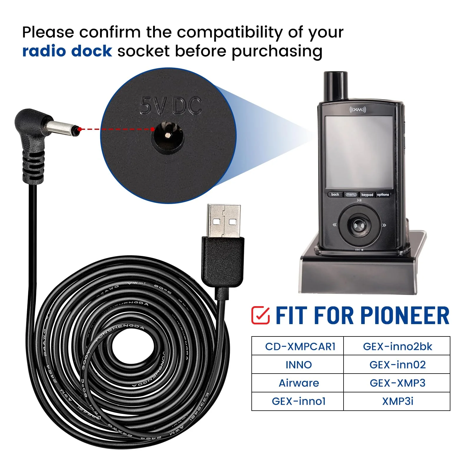 5V USB Power Cord Cable, 5ft Car Charger Connector for Sirius XM Radio Dock for Delphi Myfi Xpress Audiovox XMCK Pioneer Inno Gex XMP3i Airware Samsung Nexus Helix Stratus Sportster Starmate - Image 4