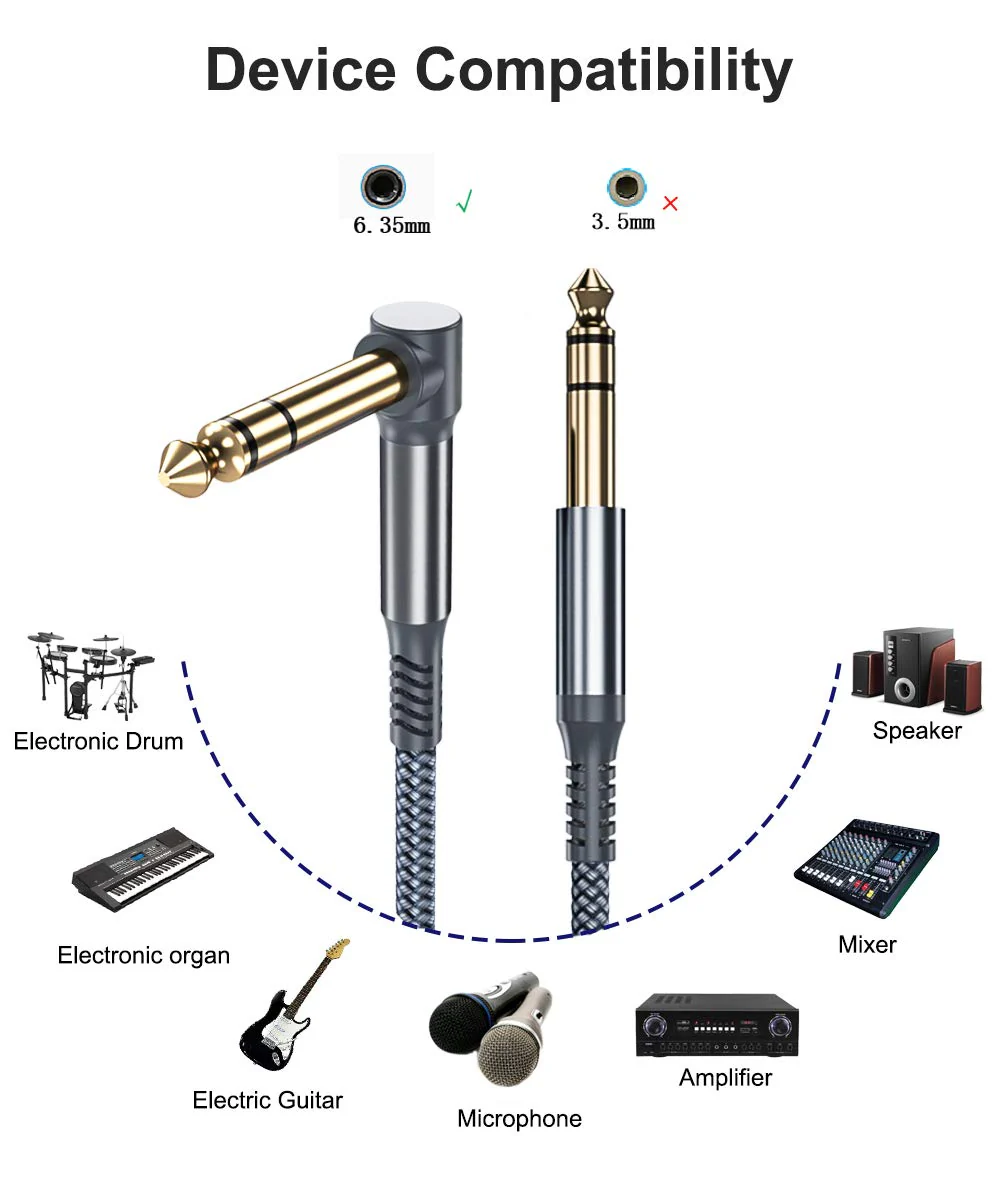 6.35mm TRS Instrument Cable 30FT 2-Pack,Right Angle 90 Degree 1/4 Inch Male Jack Stereo Audio Cord,6.35 Balanced Line Lead for Electric Guitar,Bass,Keyboard,Mixer,Amplifier/AMP,Speaker,Equalizer 9M/30 FT Gray - Image 3