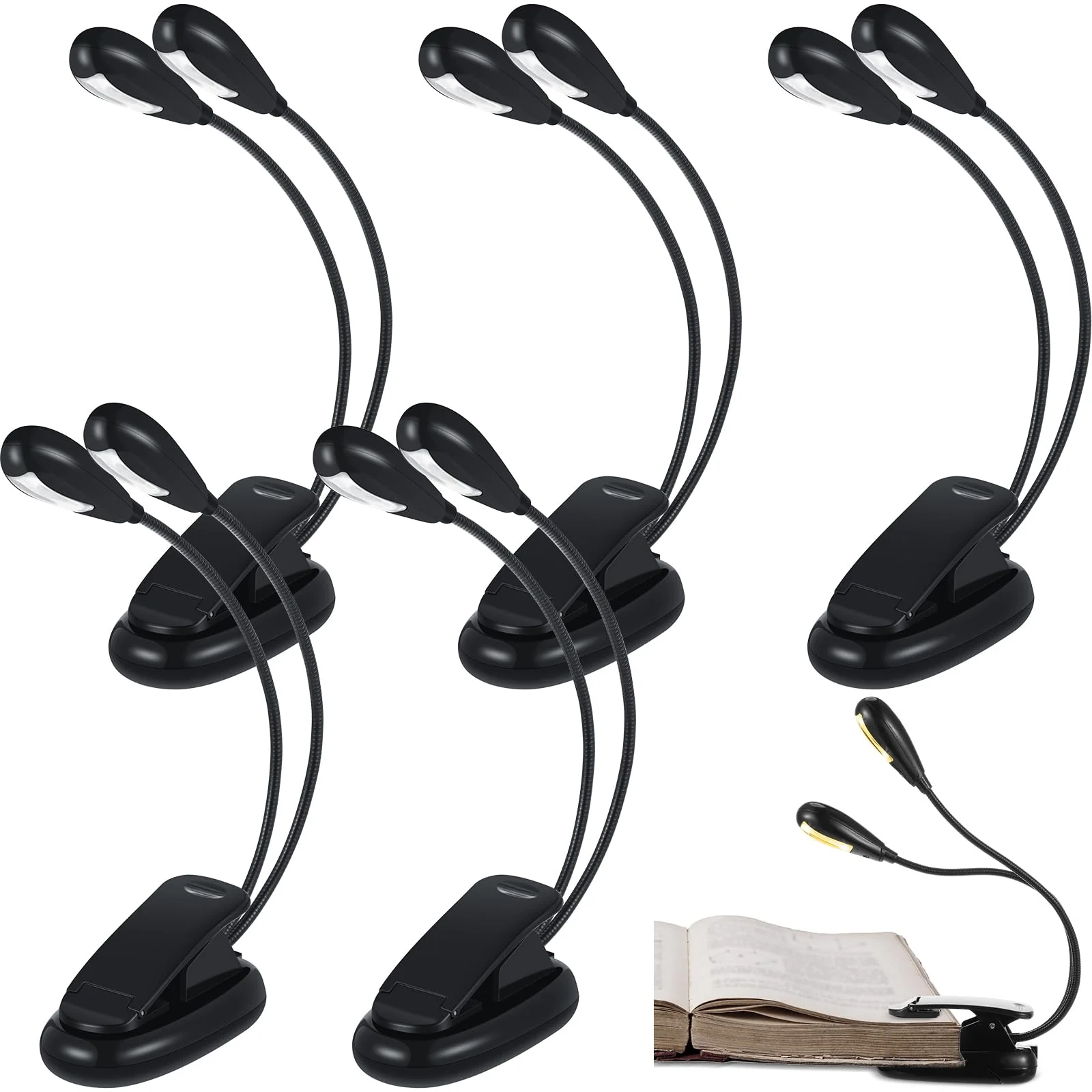 6 Pcs Music Stand Clip on Reading Light USB and AAA Battery Operated LED Book Lights in Bed 3 Brightness Levels Ideal for Musician, Piano Player, Kids, AAA Battery Not Included (Dual Arms) Dual Arms