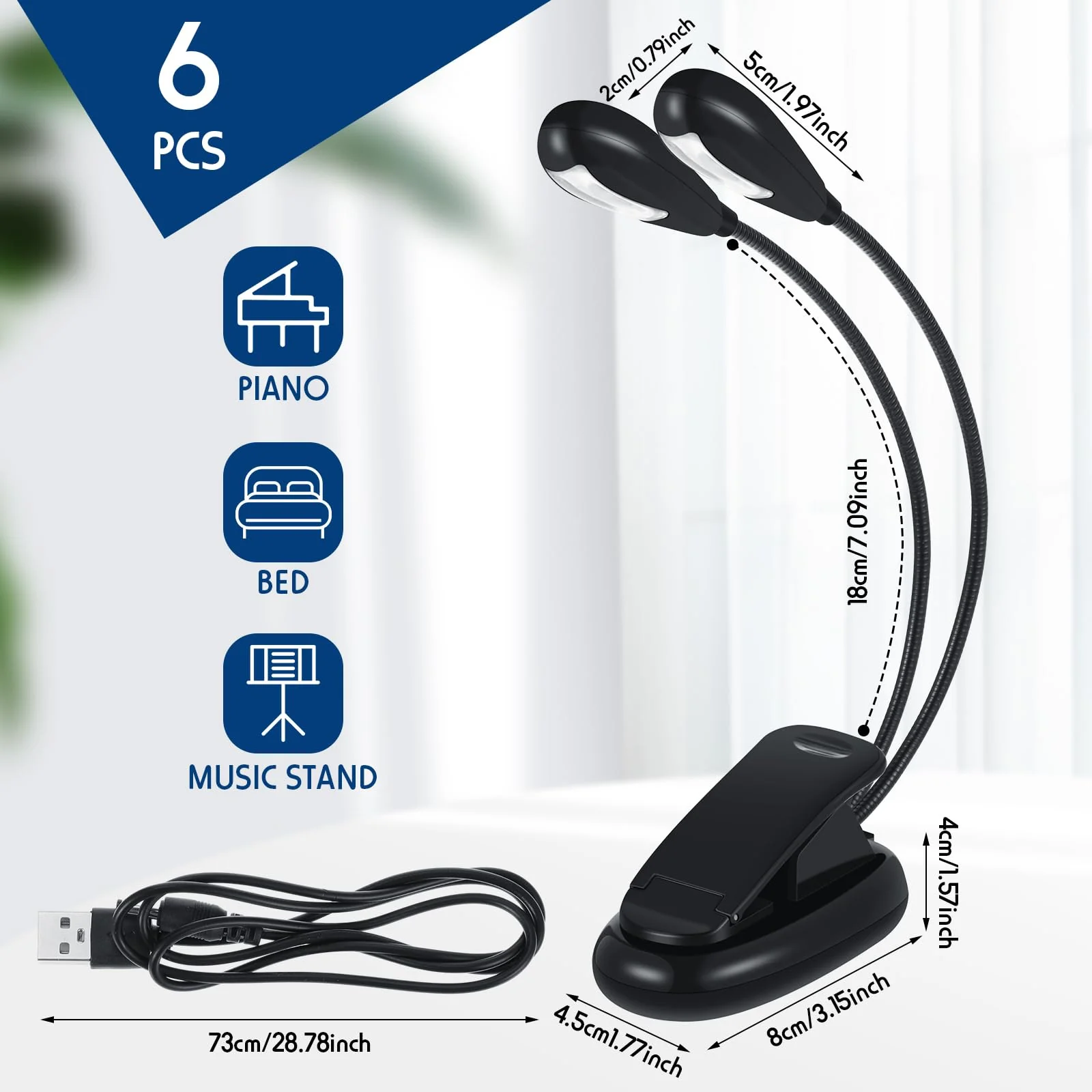 6 Pcs Music Stand Clip on Reading Light USB and AAA Battery Operated LED Book Lights in Bed 3 Brightness Levels Ideal for Musician, Piano Player, Kids, AAA Battery Not Included (Dual Arms) Dual Arms - Image 2