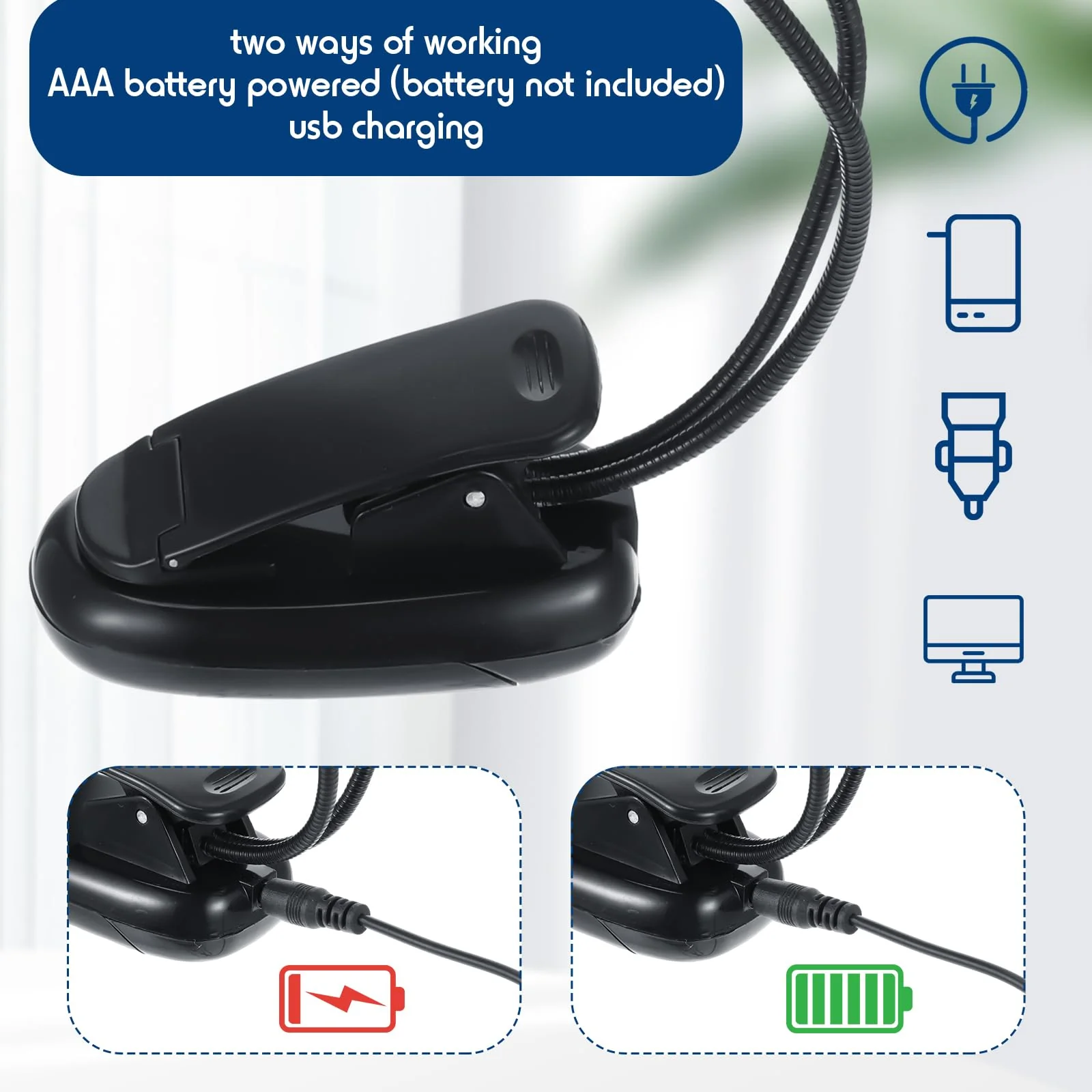 6 Pcs Music Stand Clip on Reading Light USB and AAA Battery Operated LED Book Lights in Bed 3 Brightness Levels Ideal for Musician, Piano Player, Kids, AAA Battery Not Included (Dual Arms) Dual Arms - Image 4