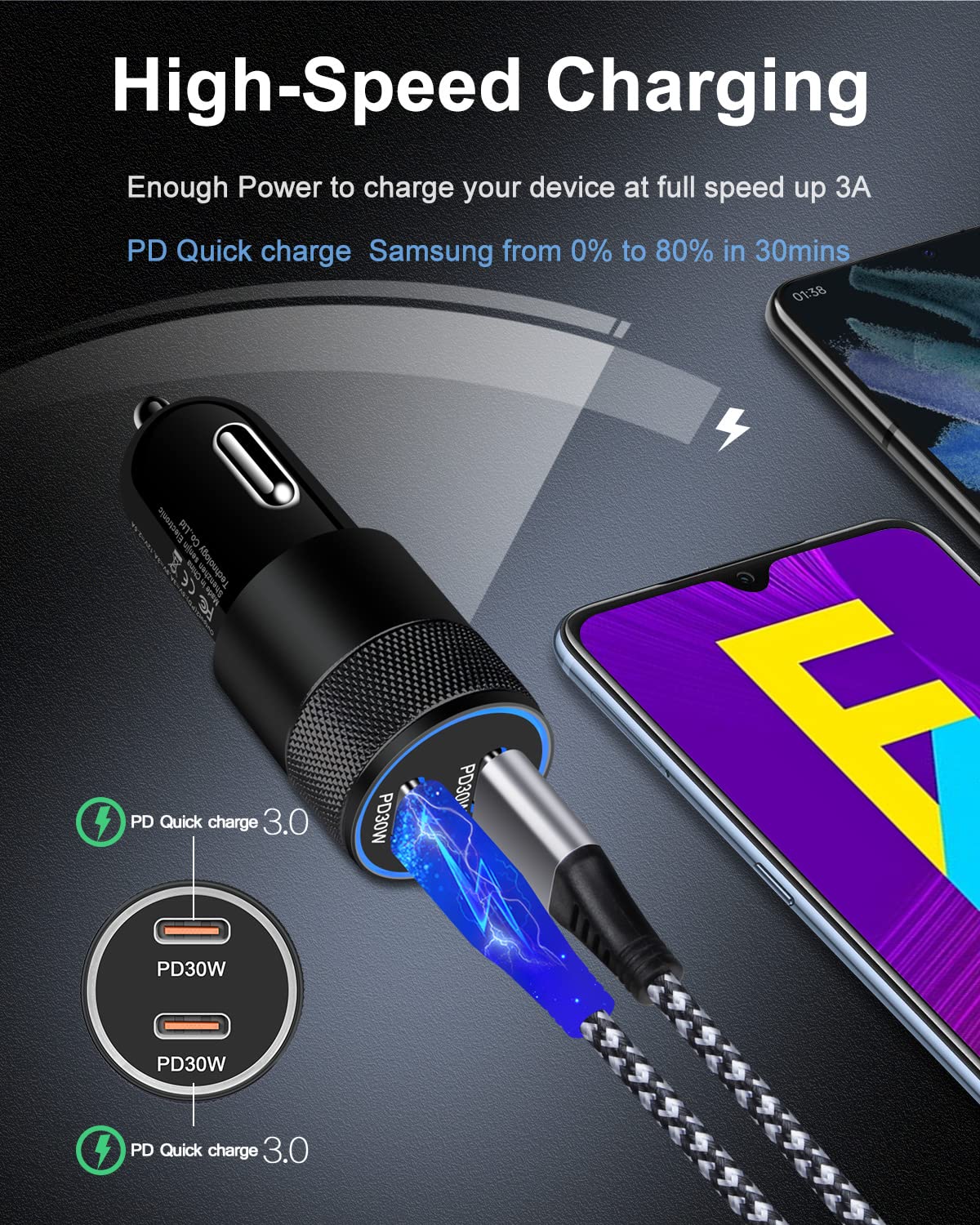 60W USB C Car Charger, 2 Pack AILKIN USB C Cigarette Lighter Adapter Fast Charging Dual Port PD3.0 Type C Car Charger Plug Compatible with iPhone 15 14 13 12 11 Pro Max Galaxy S24/S23/22 Pixel 8 7Pro Black - Image 2