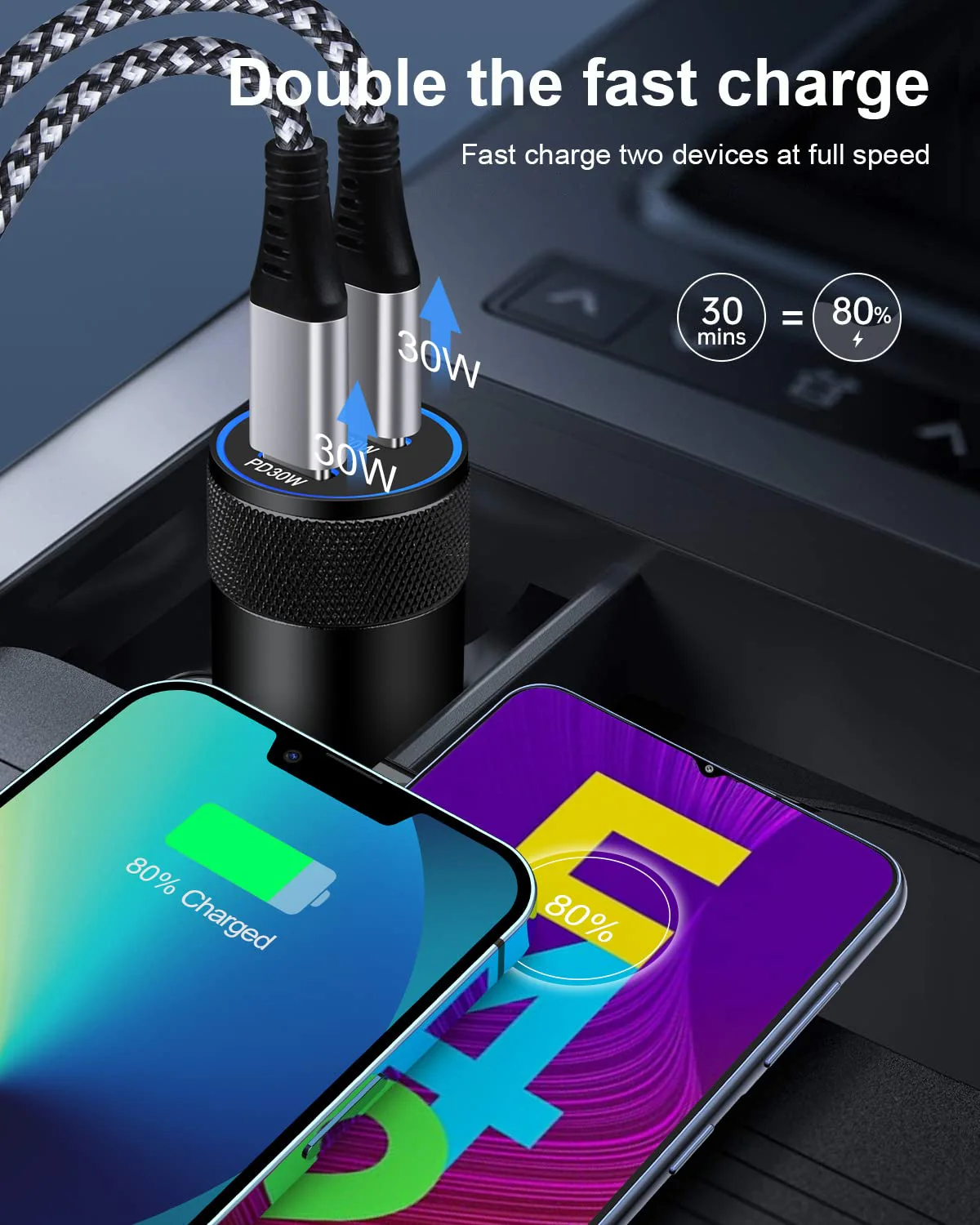 60W USB C Car Charger, 2 Pack AILKIN USB C Cigarette Lighter Adapter Fast Charging Dual Port PD3.0 Type C Car Charger Plug Compatible with iPhone 15 14 13 12 11 Pro Max Galaxy S24/S23/22 Pixel 8 7Pro Black - Image 5