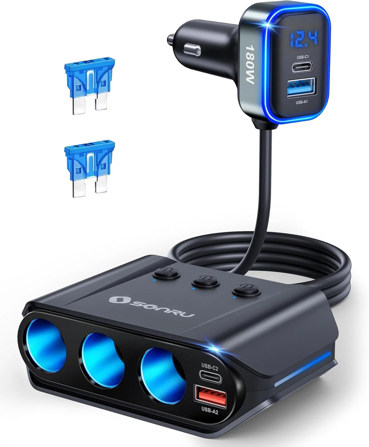7 in 1 Cigarette Lighter Splitter, SONRU 180W (max 192W) 3-Socket Car Cigarette Lighter Adapter with Dual PD 36W/QC3.0 Fast Charging (3.7FT Cable) 12V/24V Independent Switches & LED Voltage Display BLACK