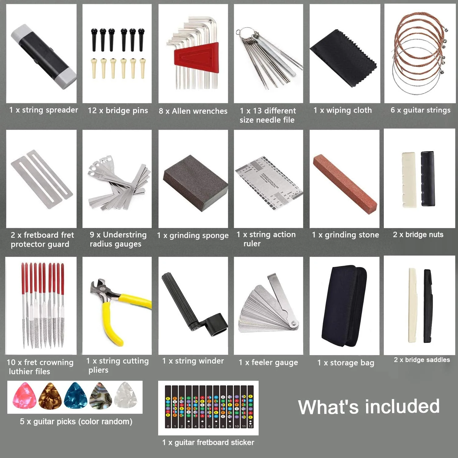 72PCS Guitar Tool Kit,Professional Guitar Repairing Maintenance Tool Kit with Guitar Strings Picks Bridge Pins Gauge Guitar Accessories Gift for Acoustic Guitar Electric guitar Ukulele Bass Banjo - Image 2