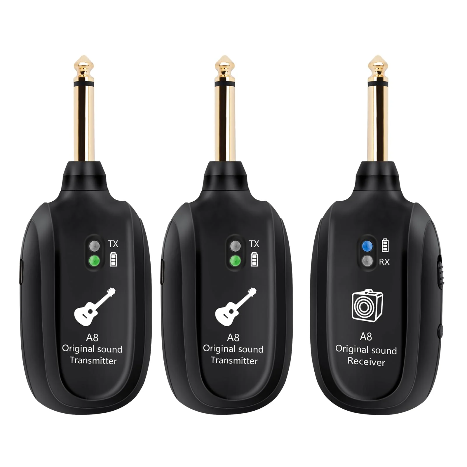 A8 Wireless Guitar Transmitter Receiver System - 2.4GHz Rechargeable, 24-bit/48KHz Audio, Low Latency <4ms for Electric Guitar & Bass - Clean Wireless Audio for MUSIC and BASS GUITARS 2(2TX+1RX) A8 Wireless Guitar System (2TX+1RX)