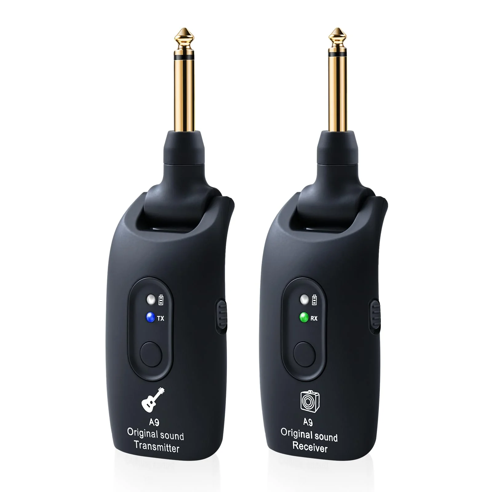 A9 Wireless Guitar System - 2.4GHz Guitar Accessories Transmitter Receiver, 24-bit 48KHz Audio, 100ft Range, No Latency, 4-Hour Rechargeable Battery, for Electric Bass (Black(1TX+1RX)) Black