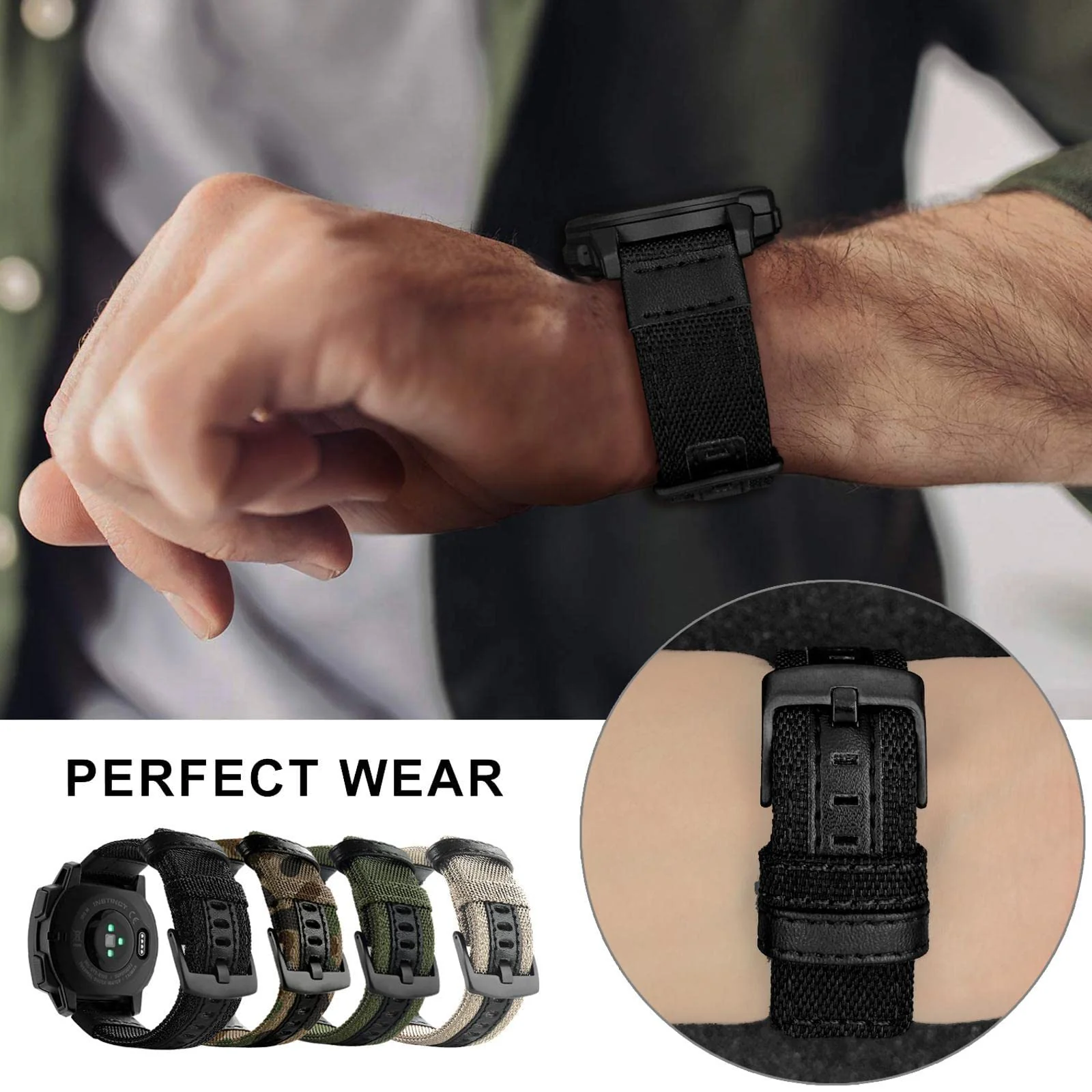 Abanen 22mm Nylon Military Style Watch Bands for Garmin Instinct/Instinct 2 Solar, Woven Fabric Durable Wristband Strap for Garmin Instinct Tactical/Tide/Esports/Instinct Solar Black - Image 7