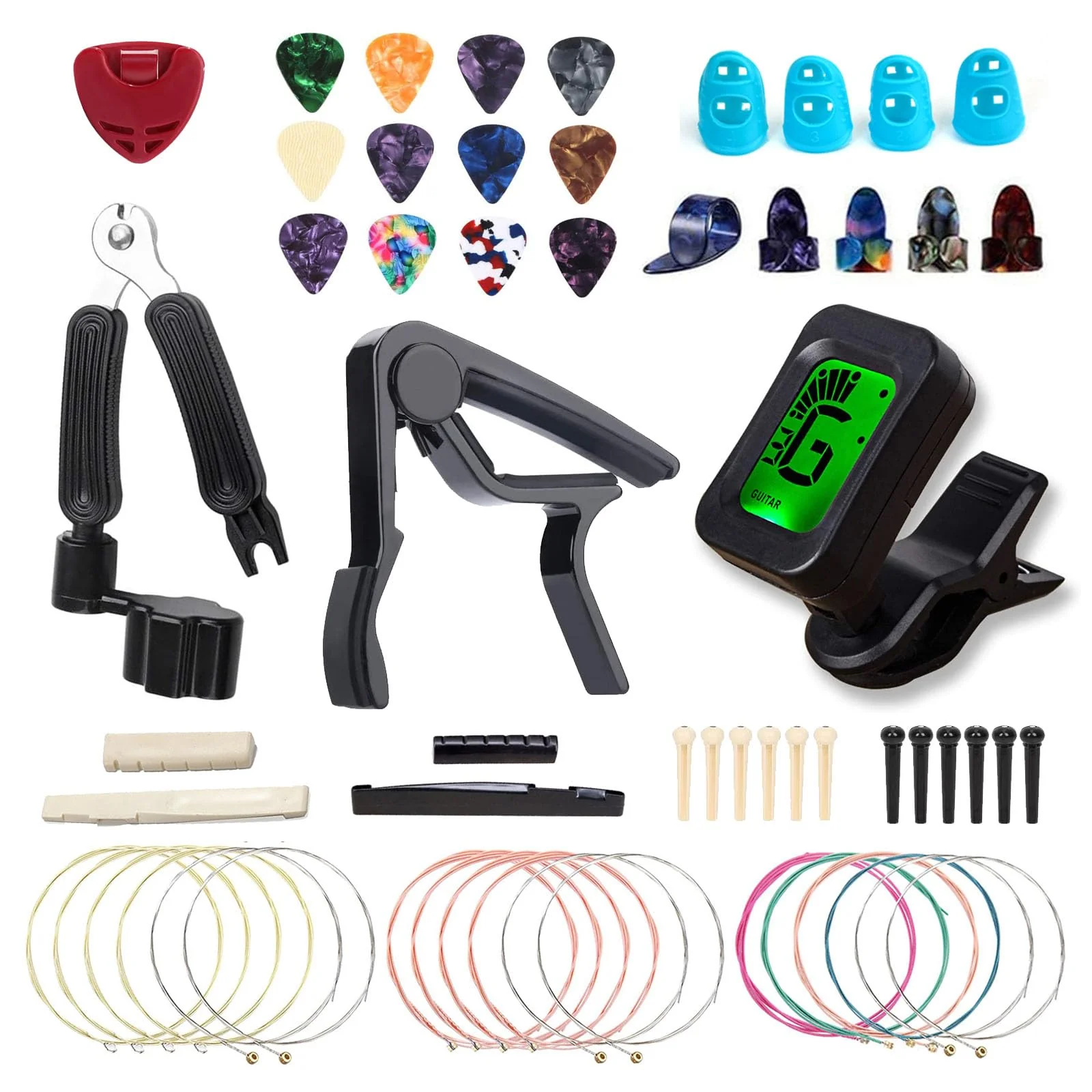 Acoustic Guitar Accessories Kit Including Guitar Strings,Tuner,Guitar Capo, Restring Tool,Pick Holder,Bridge Pins,Finger Picks,Guitar Nuts and Saddles