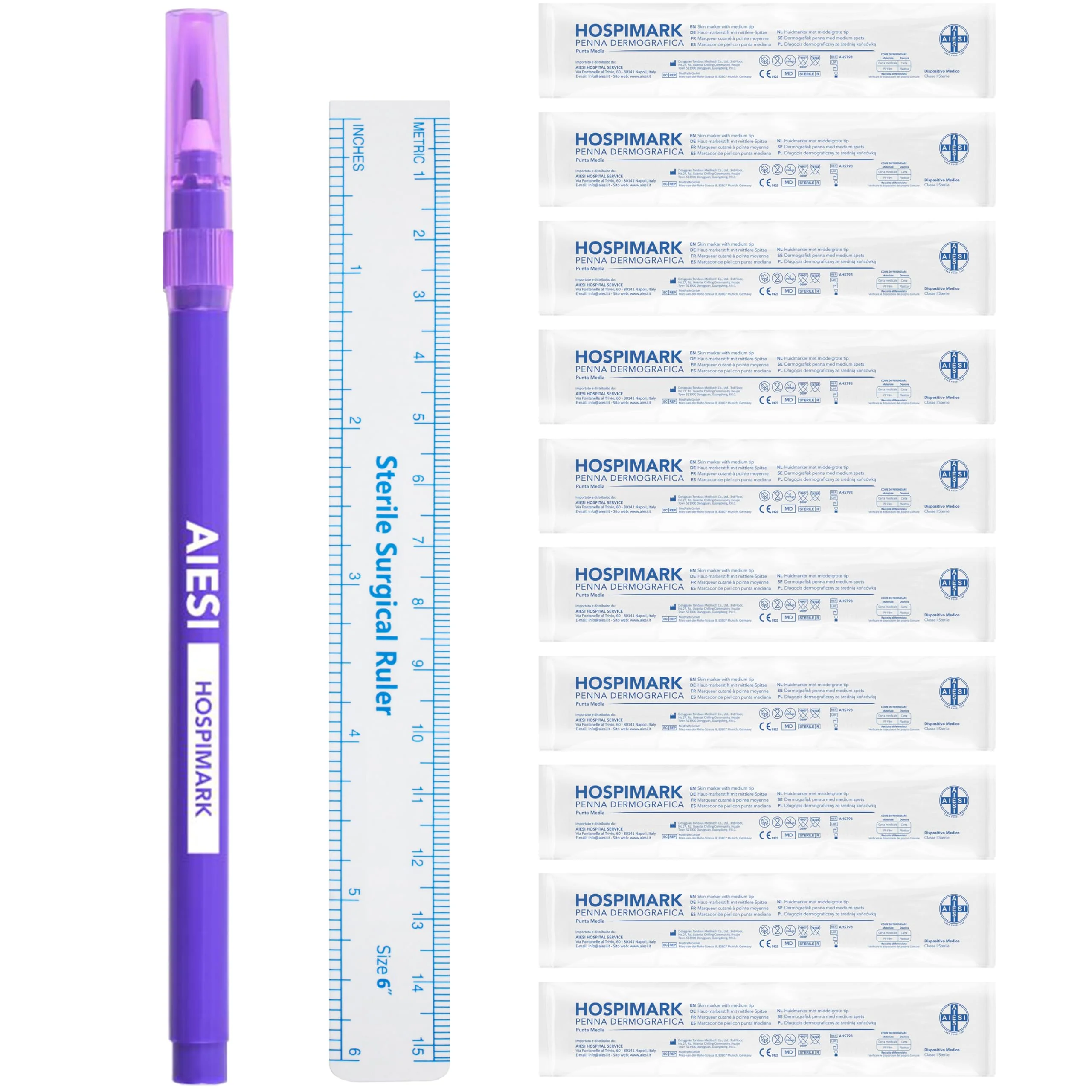AIESI® Hospimark Dermography Pen for Skin with Standard Tip with Ruler (Pack of 10)