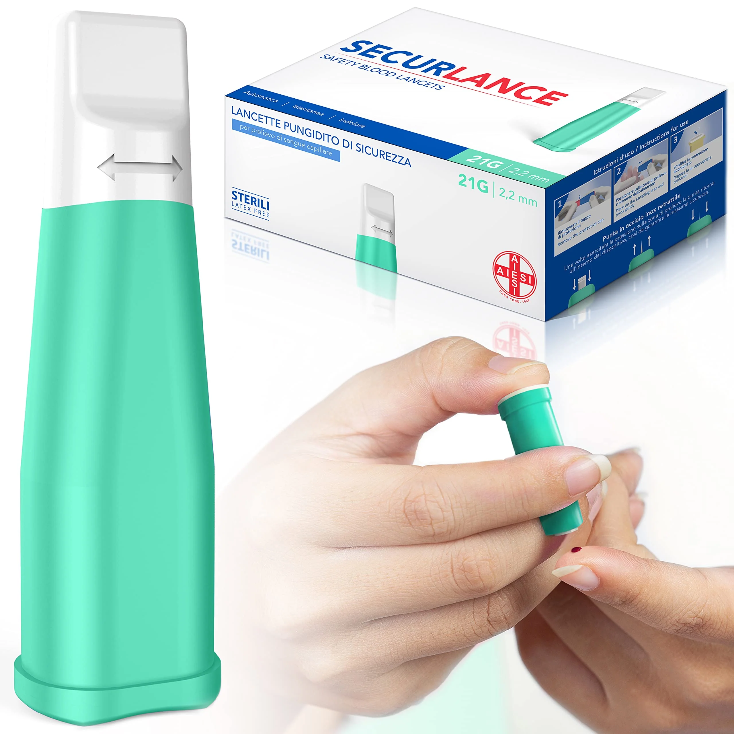 AIESI® Sterile Disposable Lancets with Safety System and Retractable Stainless Steel Tip Needle 21G Securance (Pack of 100)