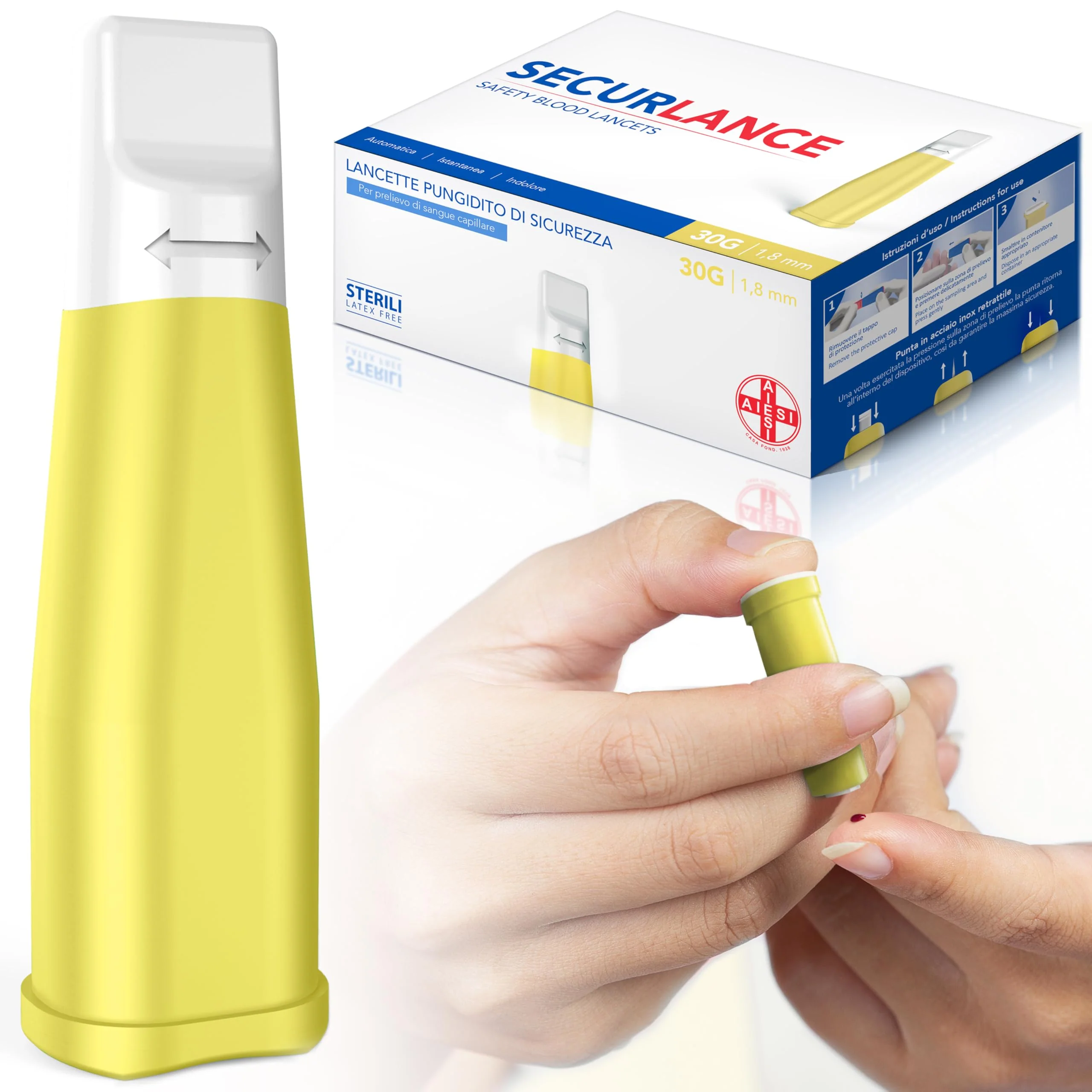 AIESI® Sterile Disposable Lancets with Safety System and Retractable Stainless Steel Tip Needle 30G Securance (Pack of 100)