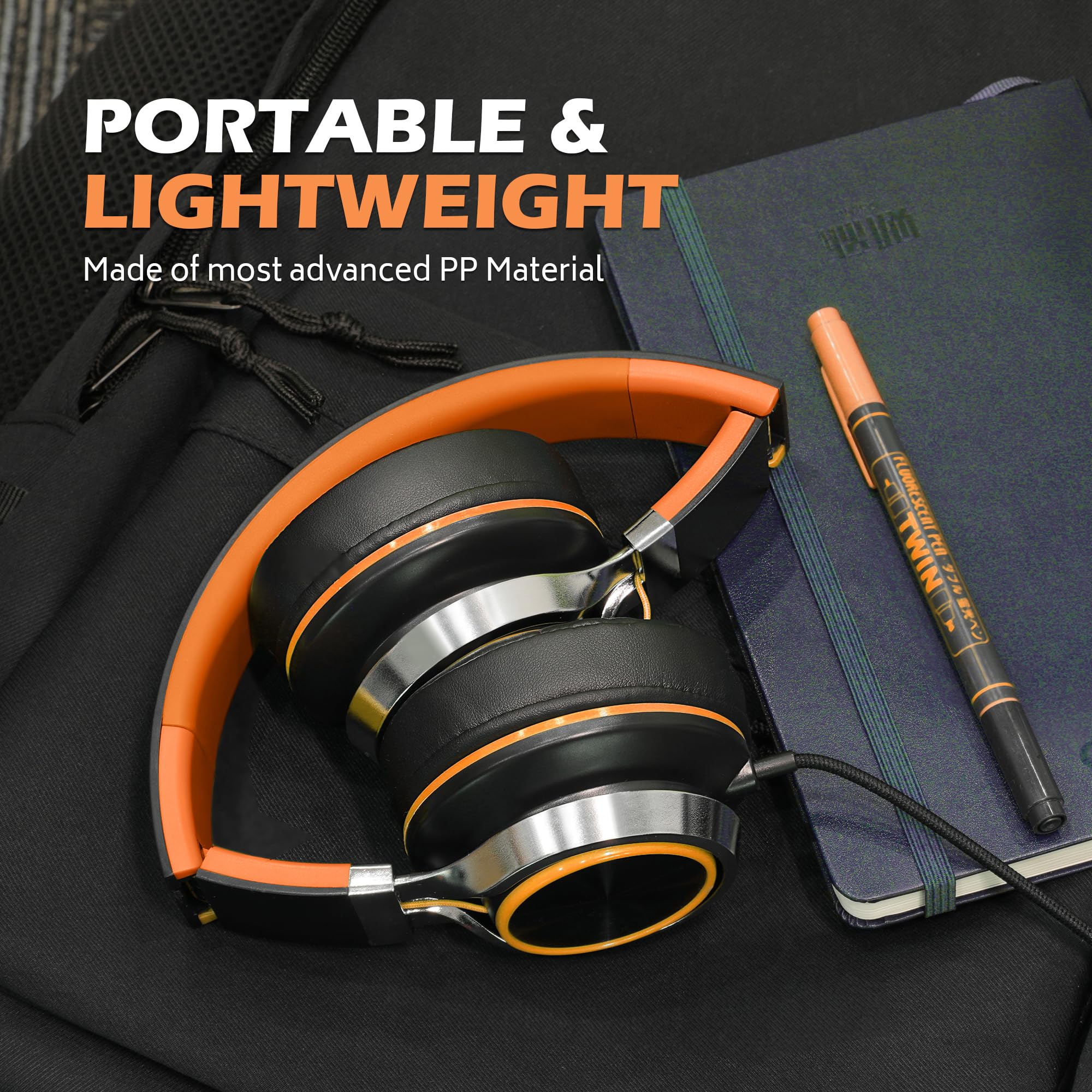 AILIHEN C8 Headphones Wired with Microphone and Volume Control Folding Stereo Lightweight Corded On-Ear 3.5mm Headset for Boys Girl Cellphones Tablets Chromebook Laptop Computer (Black/Orange) Black - Image 4