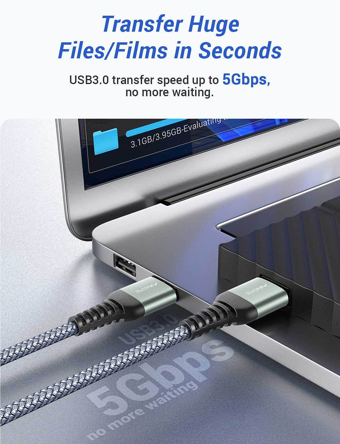 AINOPE USB 3.0 A to A Male Cable, [6.6FT] [Never Rupture] USB Male to Male Cable Double End USB Cord Compatible with Hard Drive Enclosures, DVD Player, Laptop Cool-Grey 6.6FT Grey 1 - Image 2