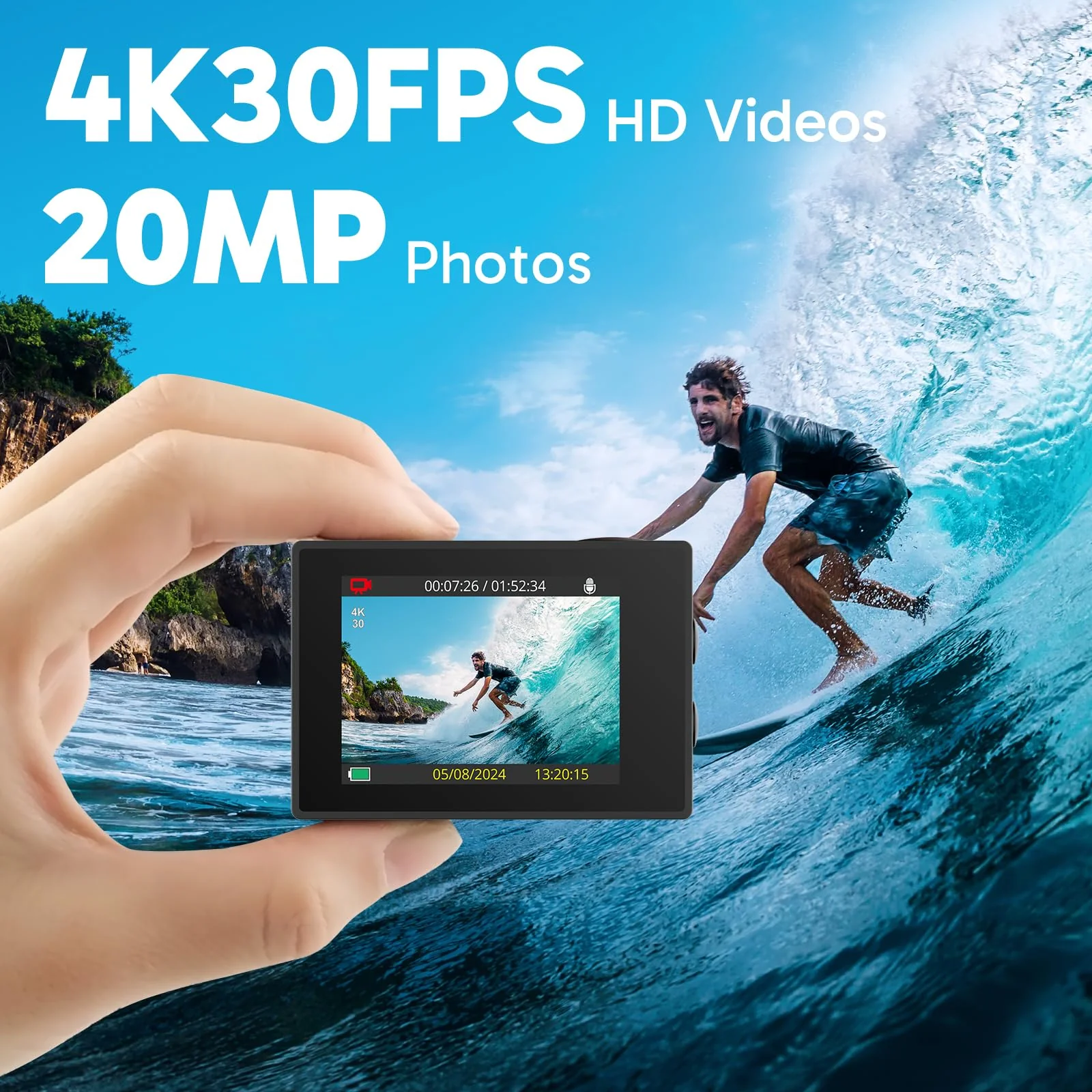 AKASO EK7000 4K30FPS 20MP WiFi Action Camera with EIS Ultra HD Underwater Camera 131FT Waterproof Camera Remote Control 4X Zoom Support External Microphone Silver Sage/Silver - Image 2