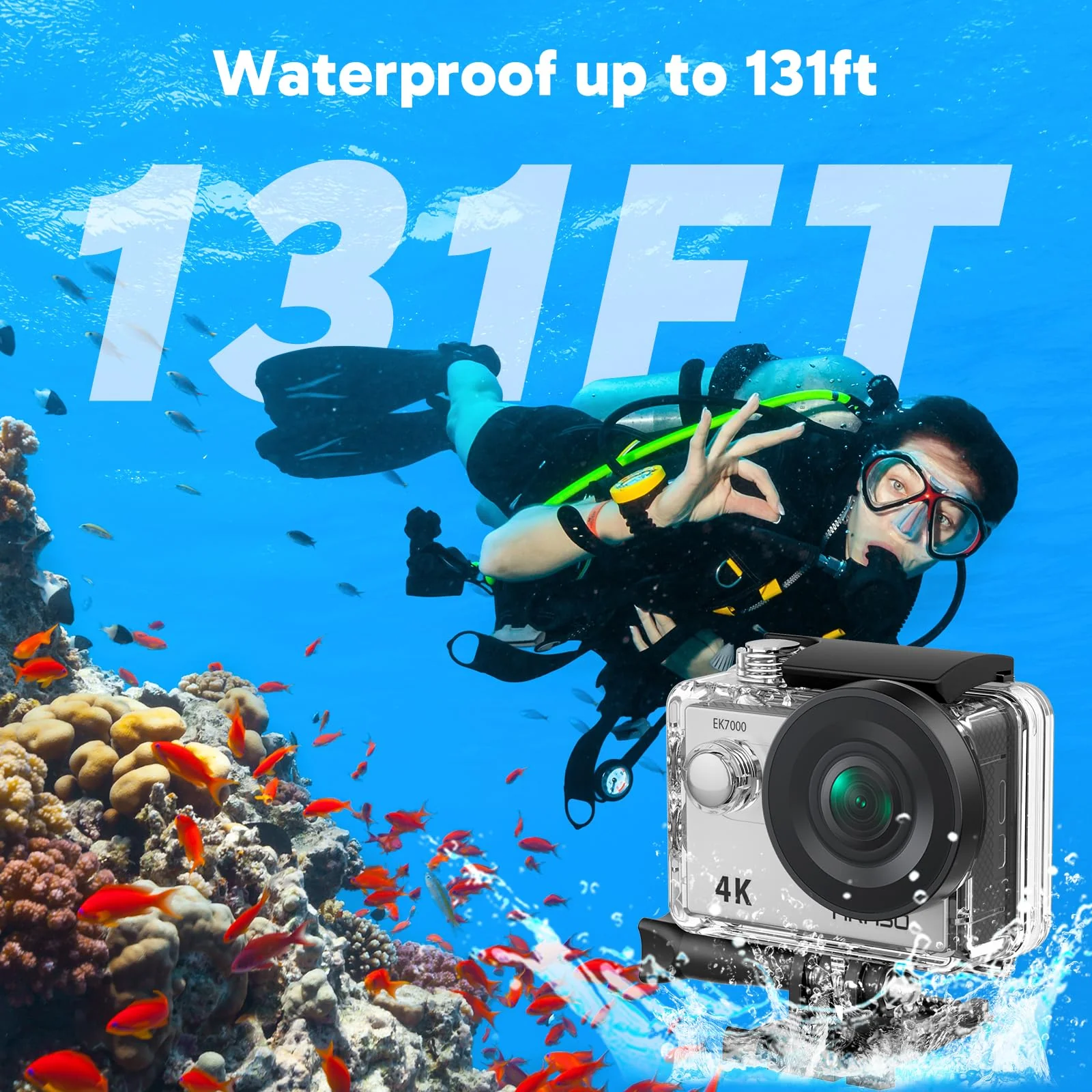 AKASO EK7000 4K30FPS 20MP WiFi Action Camera with EIS Ultra HD Underwater Camera 131FT Waterproof Camera Remote Control 4X Zoom Support External Microphone Silver Sage/Silver - Image 4