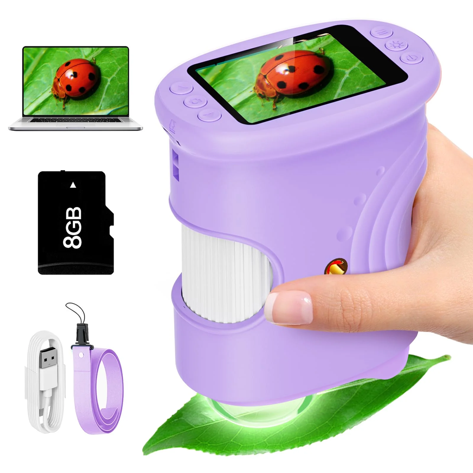 Alotwan Kids Digital Microscope 1000X Zoom, Mini Pocket Handheld Microscope with Camera/Video/Telescope Function, Portable Outdoor Travel Toys for Boys Girls 3-8 Years STEM Gifts, 8GB SD Card Included Purple