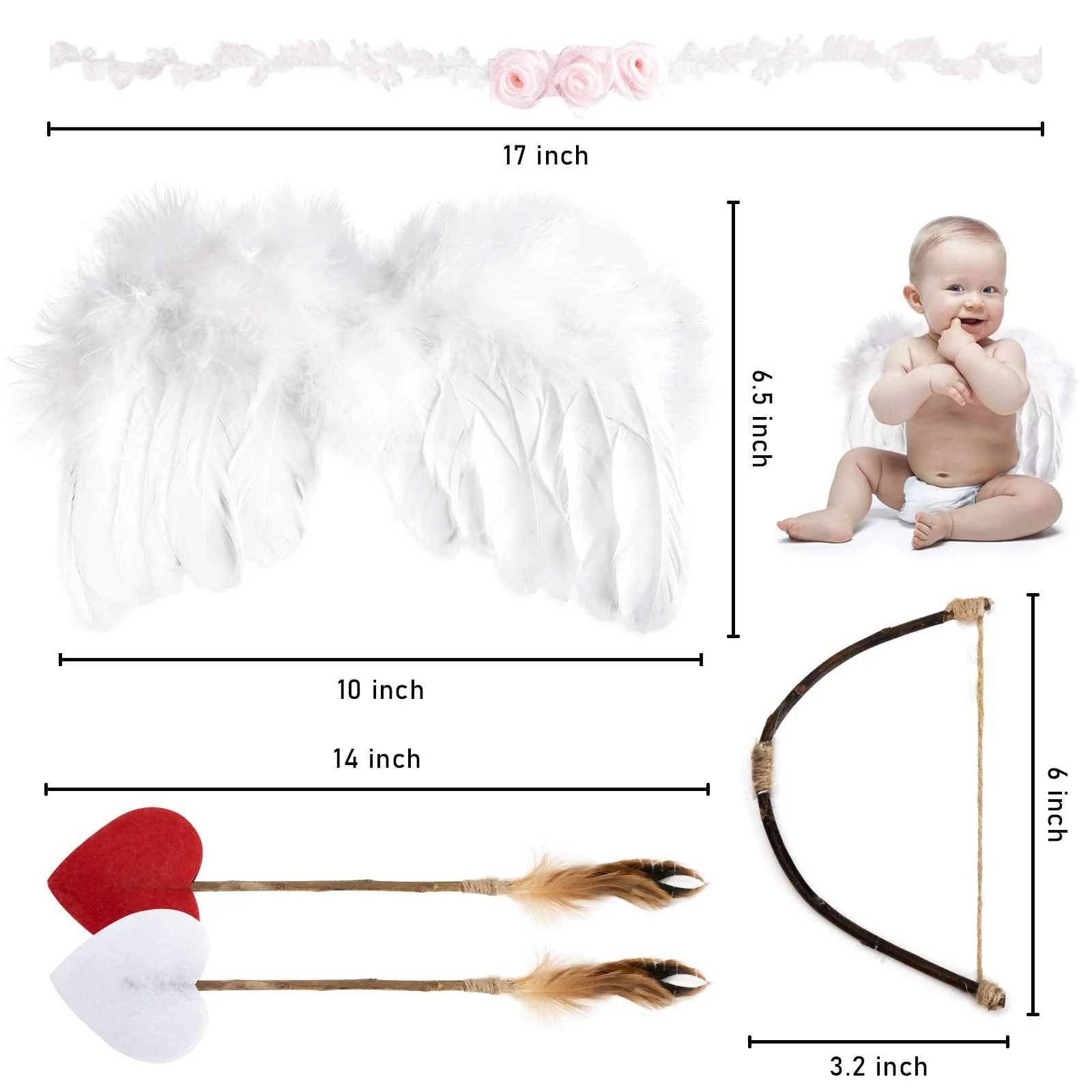 AMOR PRESENT Baby Angel Wings, 5PCS Newborn Photoshoot Clothes White Angel Feather Wing Baby Cupid Costume Set with Headband Bow Swords Photo Prop Outfit 0-18 Months - Image 2