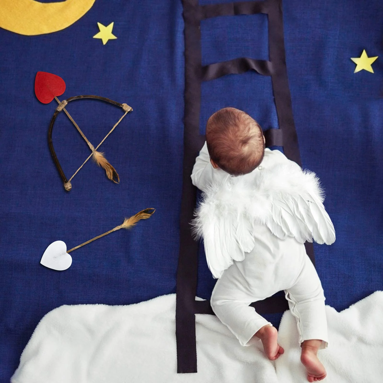 AMOR PRESENT Baby Angel Wings, 5PCS Newborn Photoshoot Clothes White Angel Feather Wing Baby Cupid Costume Set with Headband Bow Swords Photo Prop Outfit 0-18 Months - Image 6